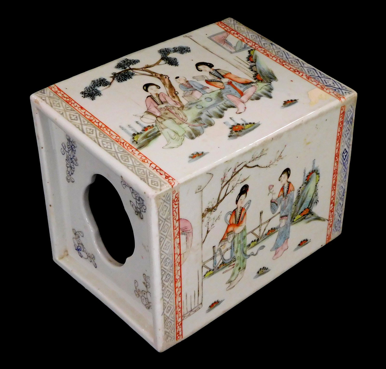 ASIAN: Chinese ceramic vessel, early 20th C., unusual diamond-shaped form with pierced lid and base, (1 of 3)