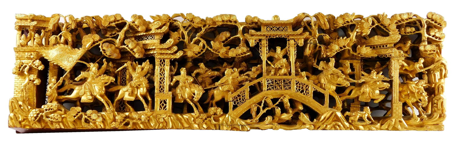 ASIAN: Antique carved and gilded battle scene, Chinese, 20th C., reticulated and carved in high (1 of 5)