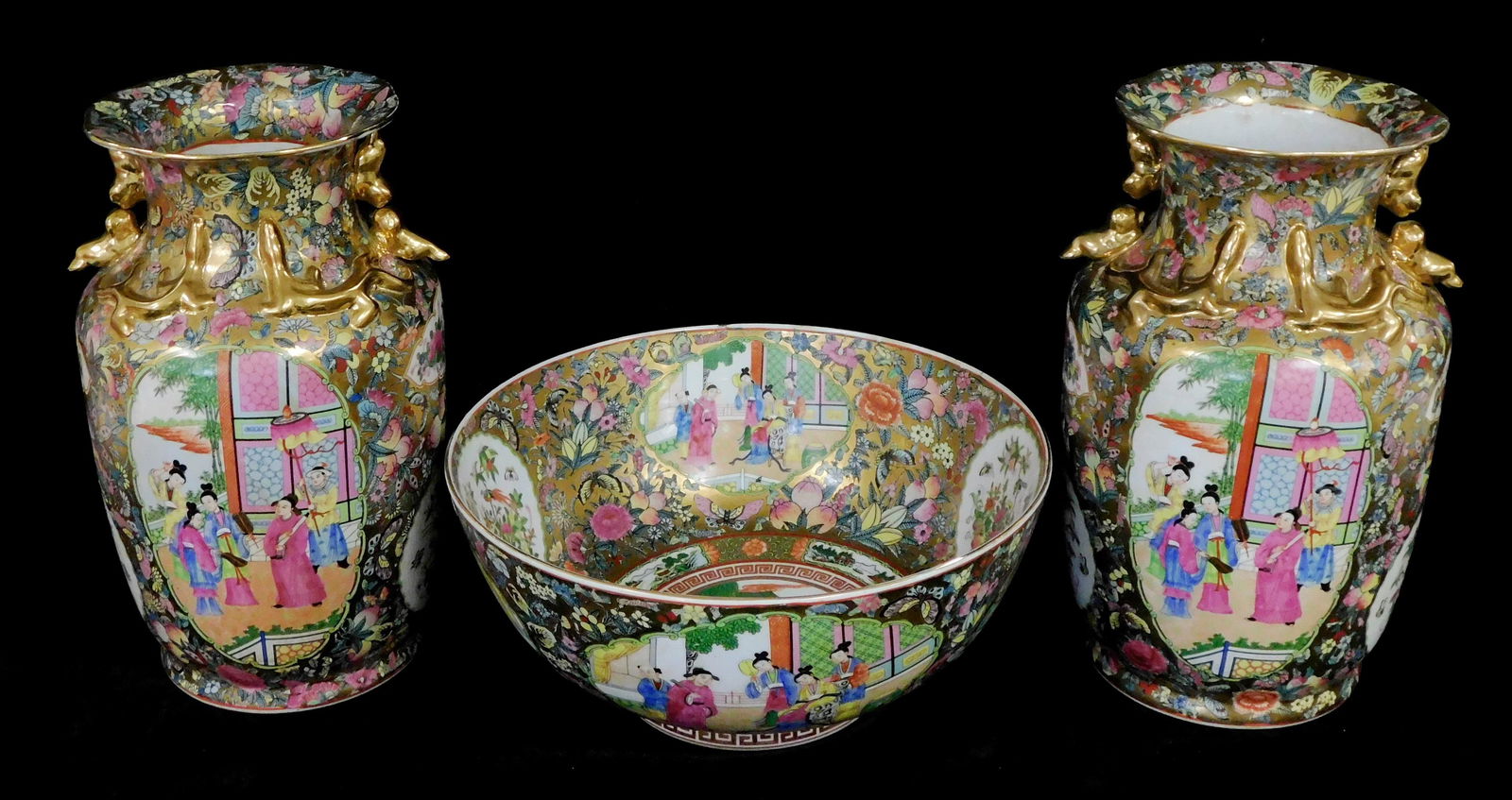 ASIAN: Three Chinese pieces, 20th C., including: a pair of porcelain vases with elaborate gilded and (1 of 7)