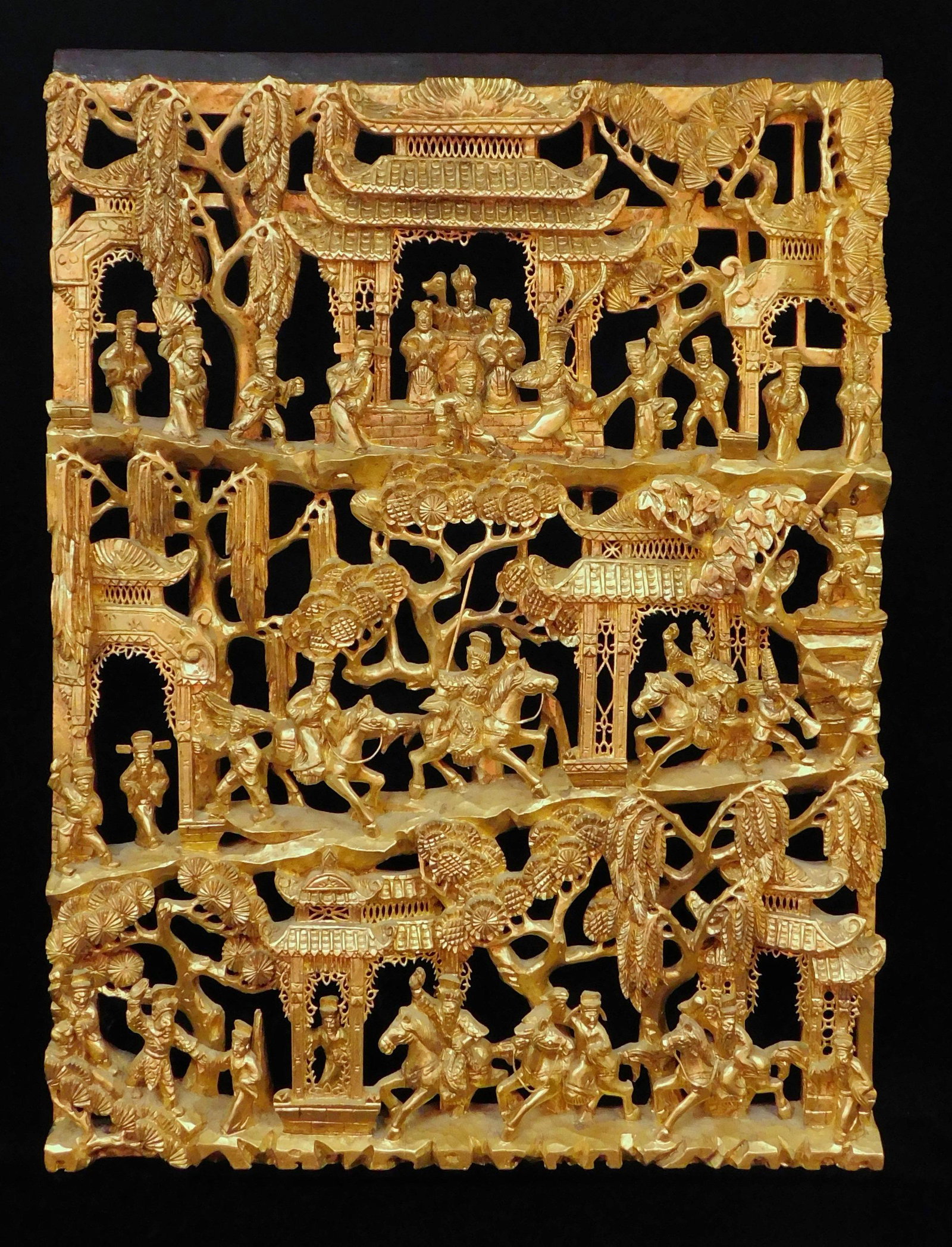ASIAN: Carved giltwood panel, Chinese, probably 20th C., elaborate high relief carved figural and (1 of 9)