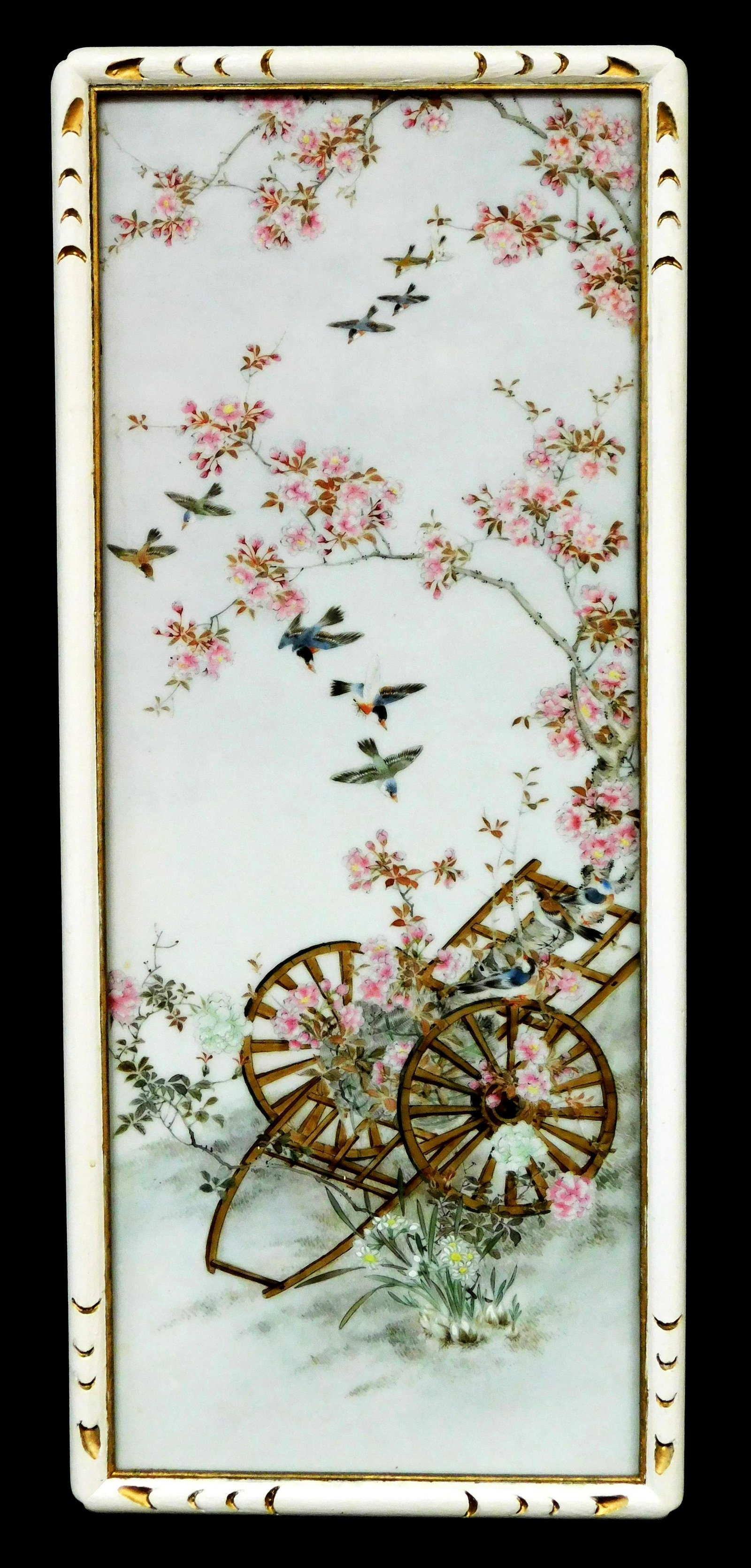 ASIAN: Rose Canton enameled porcelain plaque, Chinese, 20th C., finely painted, featuring cherry (1 of 3)