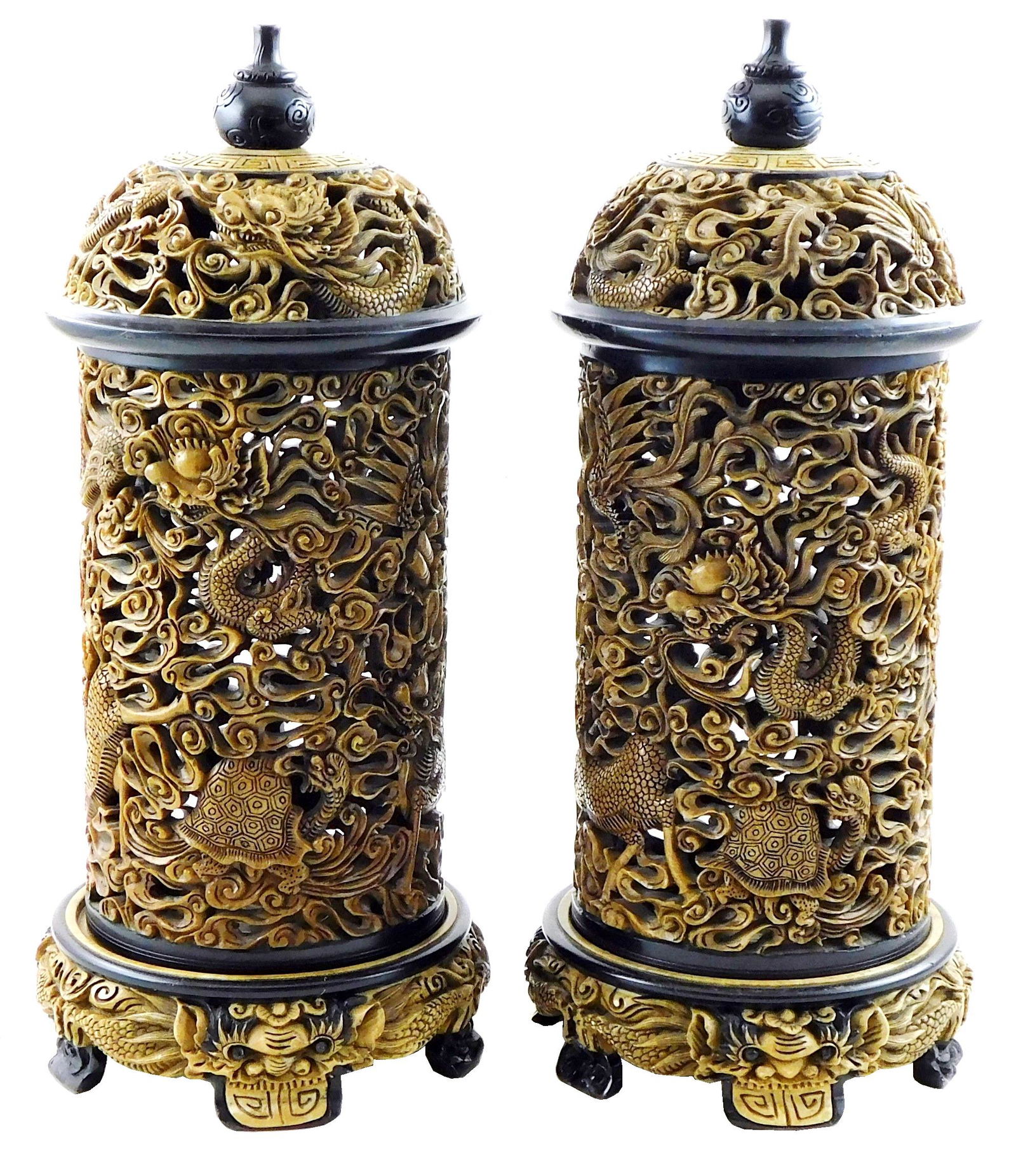 ASIAN: Pair of carved stone lamps, Chinese, reticulated sides and domed tops intricately carved with (1 of 5)