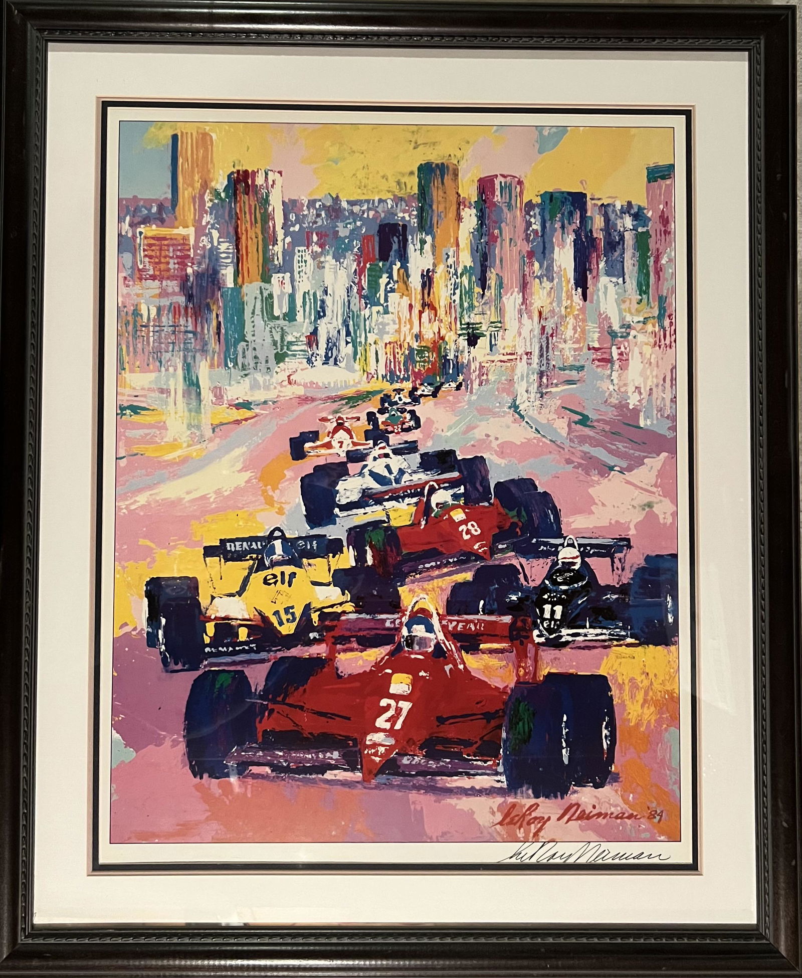 Leroy Neiman signed, print of 1984 Dallas Grand Prix Race, matted and framed, 29 x 35, very good (1 of 2)