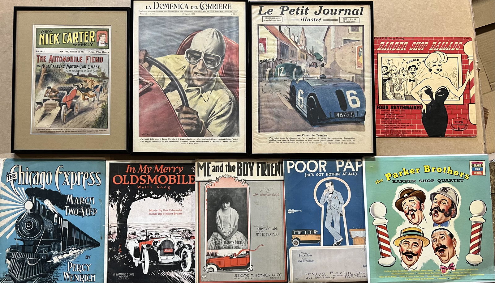 Nine colorful graphic items - three framed newspaper pages, four sheet music, two record album (1 of 3)