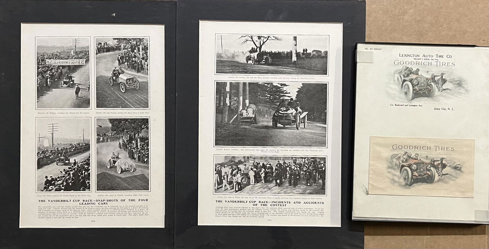 Six racing items - two framed 1905 Vanderbilt Cup, two signed prints, Goodrich tire correspondence, (1 of 2)