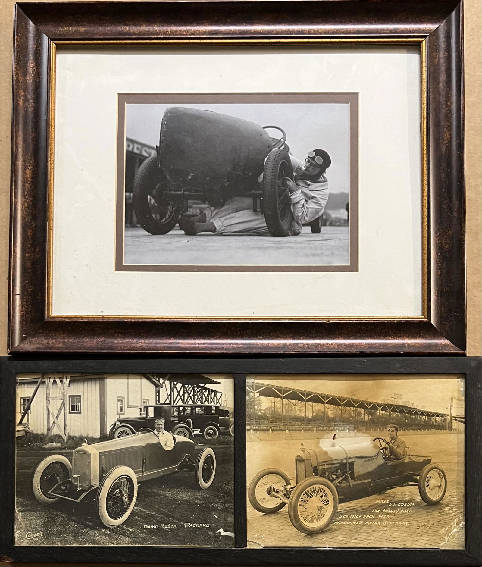 Three ca teens-1920’s original period photos - driver inspecting rear wheel or tire, image 11 x 8, (1 of 3)