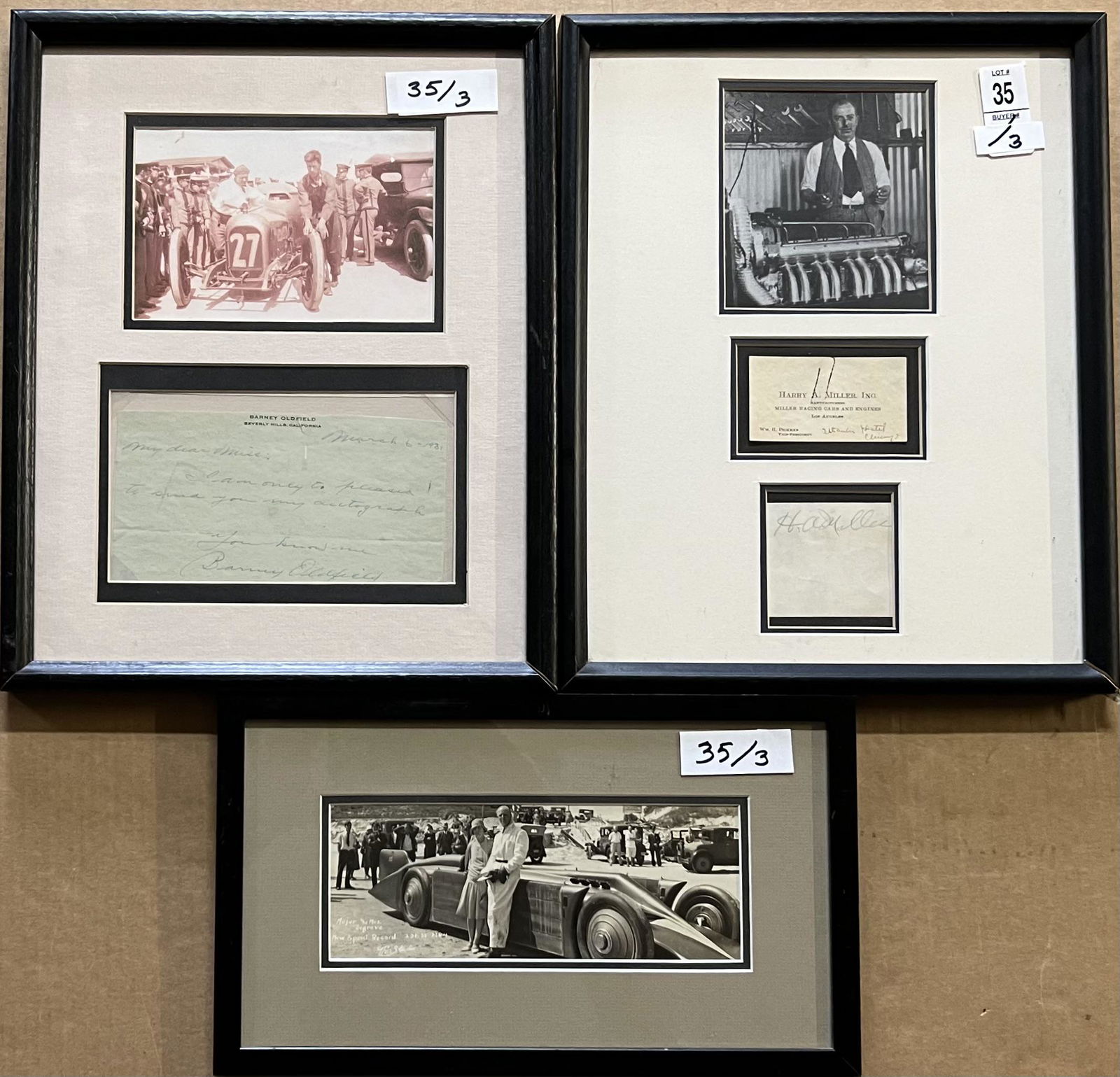 Two autographed items - ca 1920’s Barney Oldfield , Golden Submarine, Harry Miller, business card, (1 of 3)