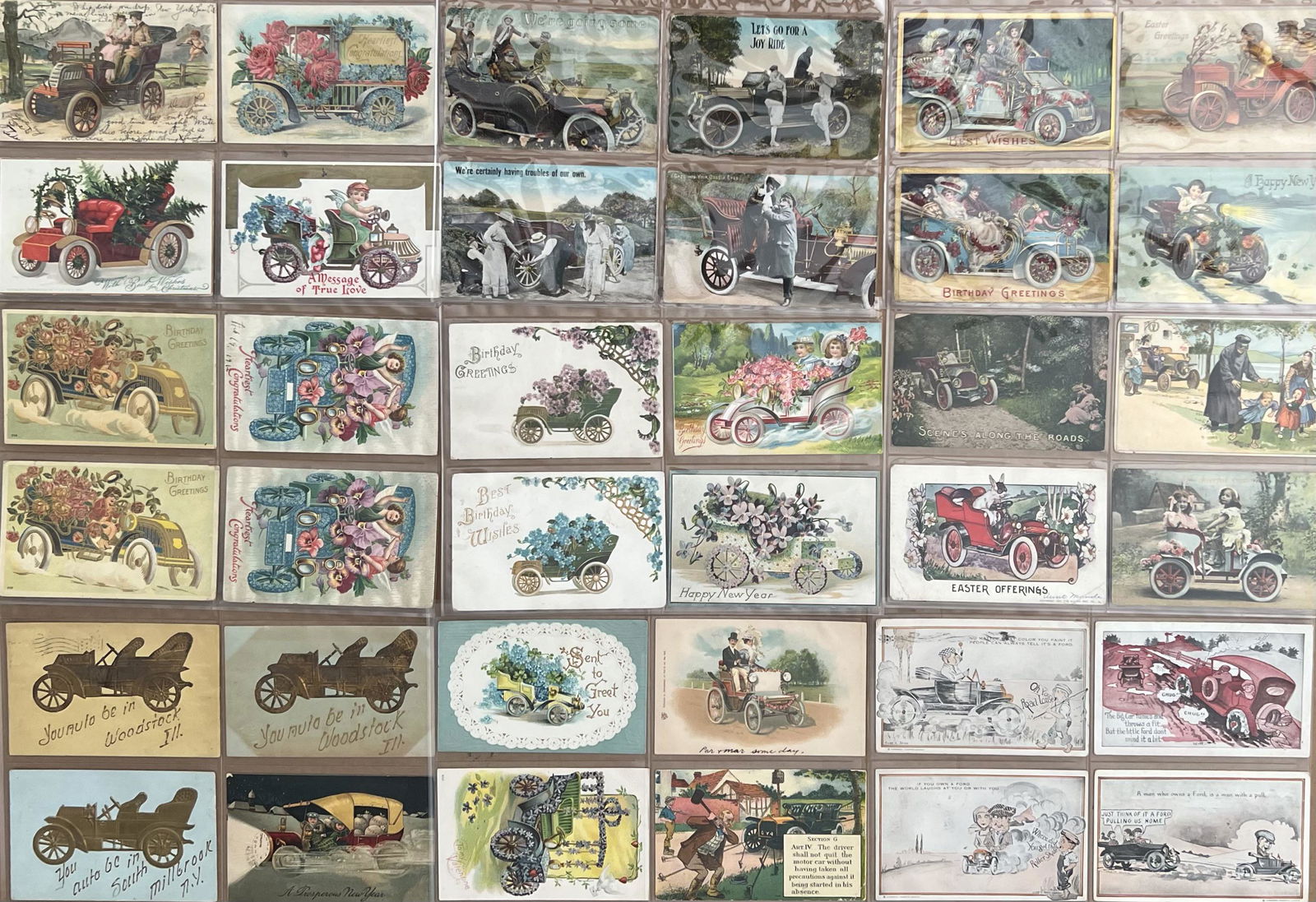 Collection of sixty seven original early auto related postcards, brass era, greeting , holiday, (1 of 2)