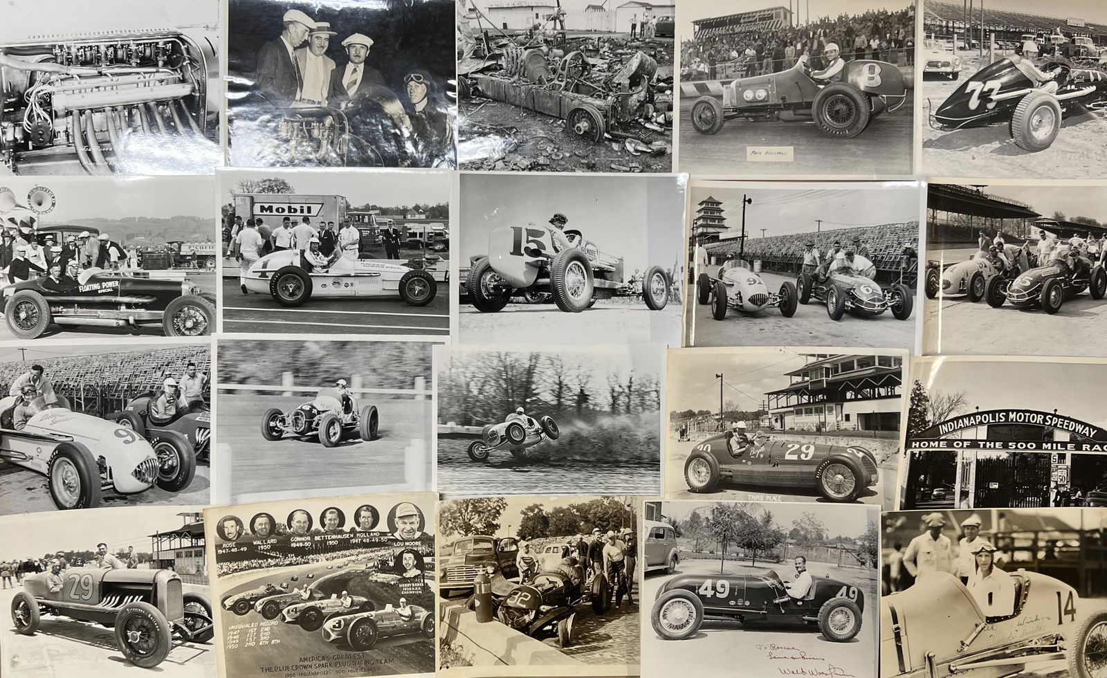 Sixty 8 x 10 period race photos - 1920’s-1960’s including a larger 14 x 11 Mauri Rose 1947 winner, (1 of 3)