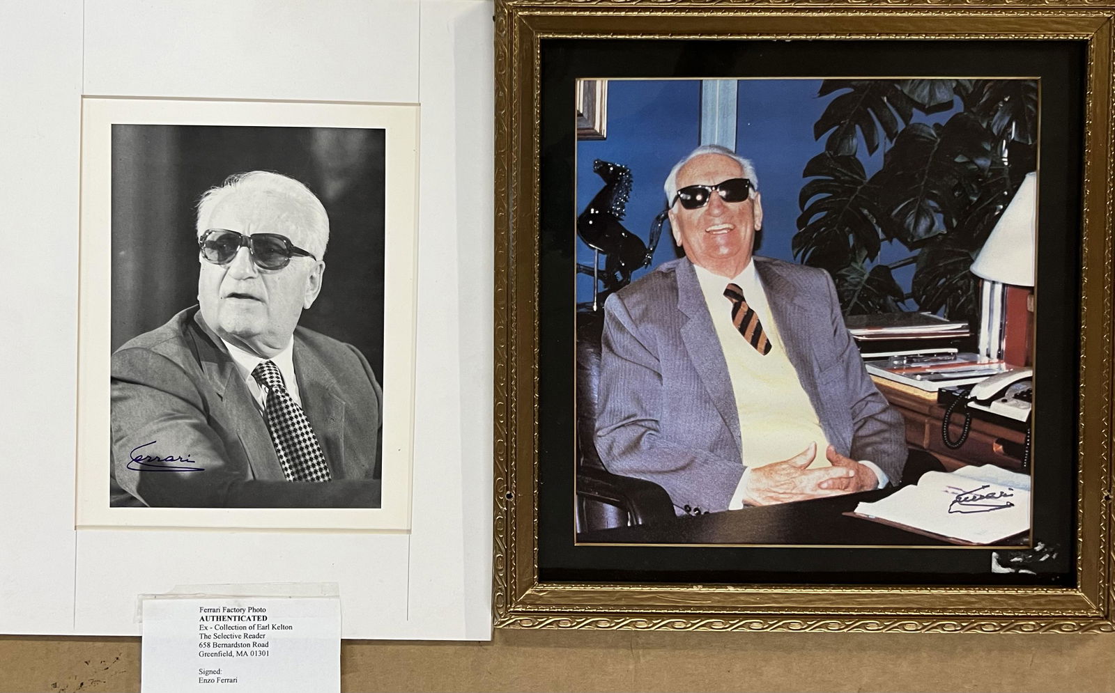 Two Enzo Ferrari autographed photos - color framed is 14 square, b & w image 6 x 9, both in very (1 of 2)
