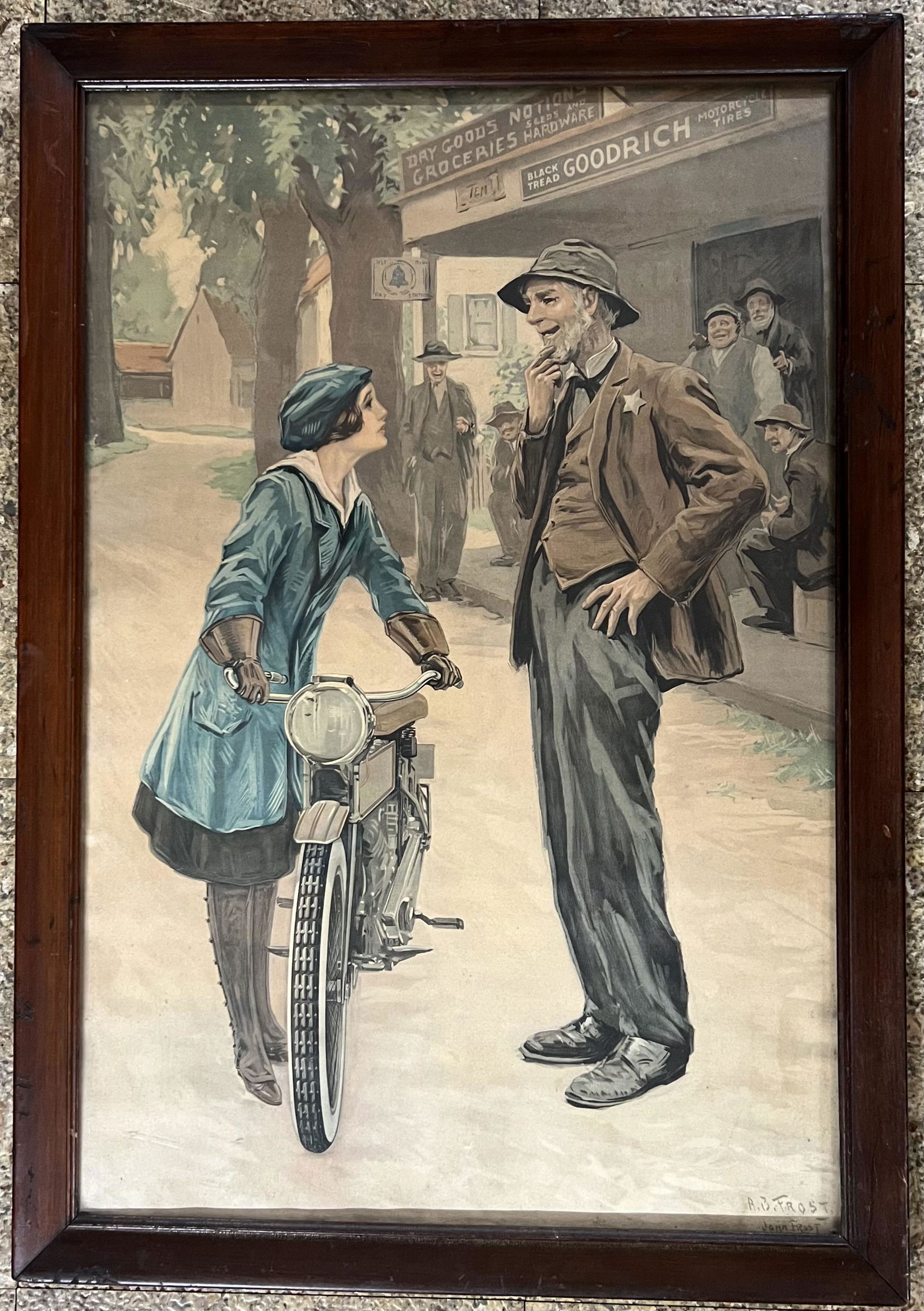 B F Goodrich motorcycle tire poster, late teens, unique black tread on white tire, framed, 21 x 29, (1 of 3)