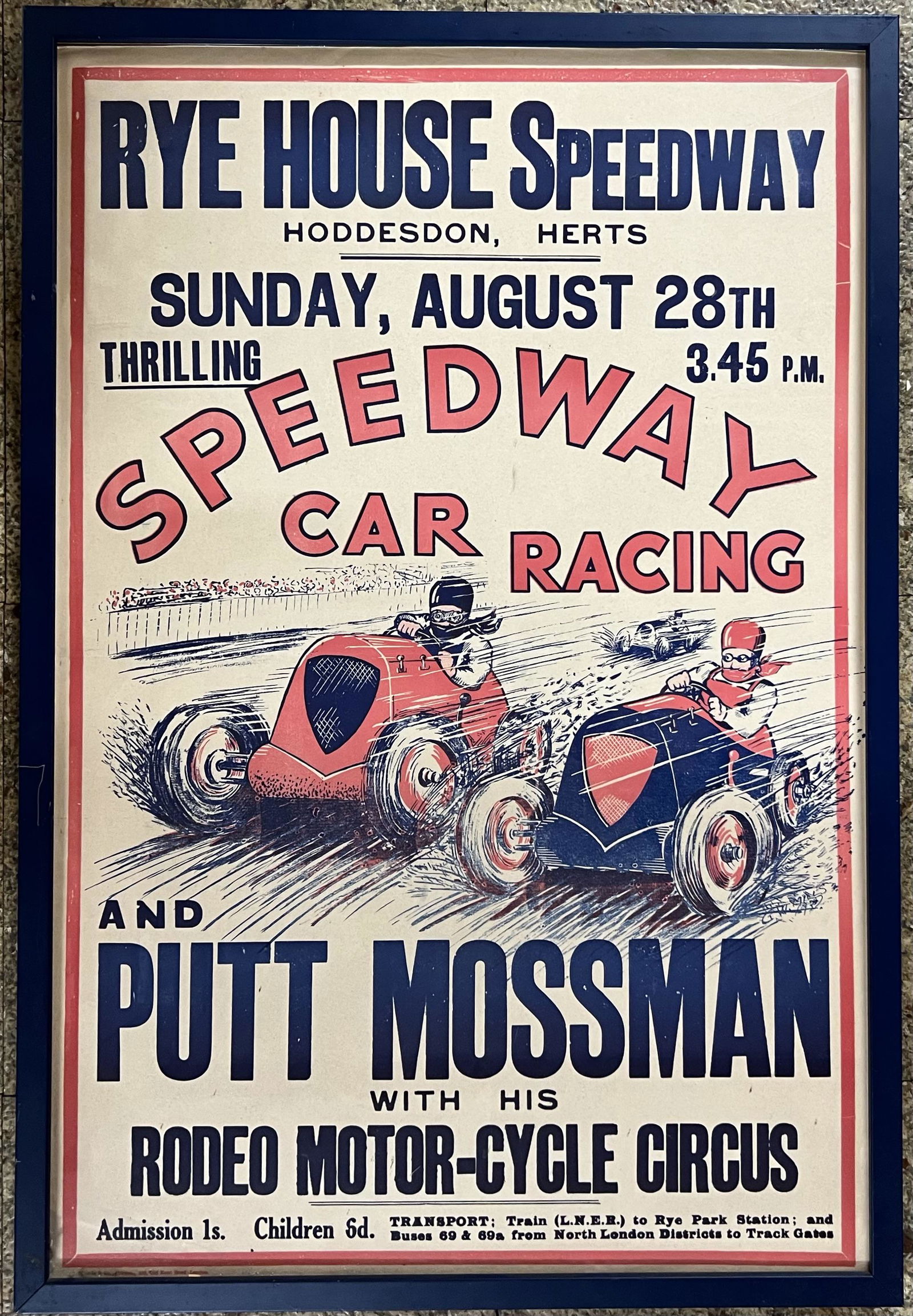 Rye House Speedway , UK, race poster, ca 1930’s, colorful graphics, framed, 21 x 31, VG condition. (1 of 1)