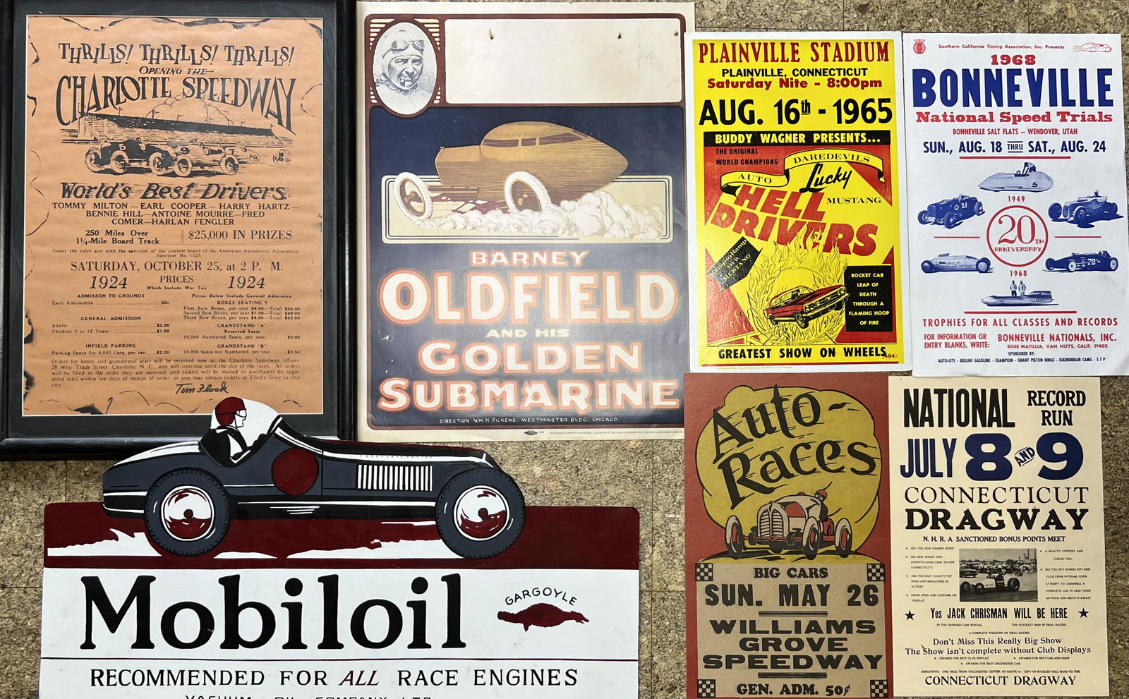 Seven colorful garage art repro items - Mobiloil Racing Oli sign, painted on tin, 36 x 19, framed (1 of 3)