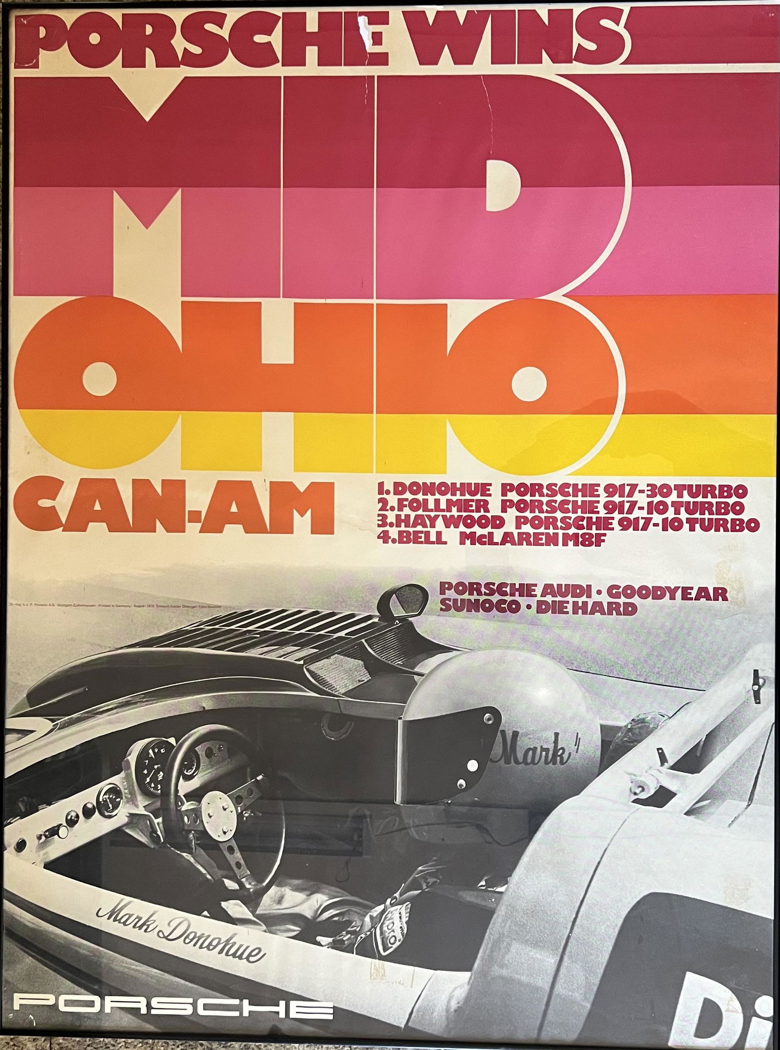 Original 1973 Porsche factory racing poster. PORSCHE WINS MID OHIO CAN-AM, Mark Donohue, Winner in (1 of 2)