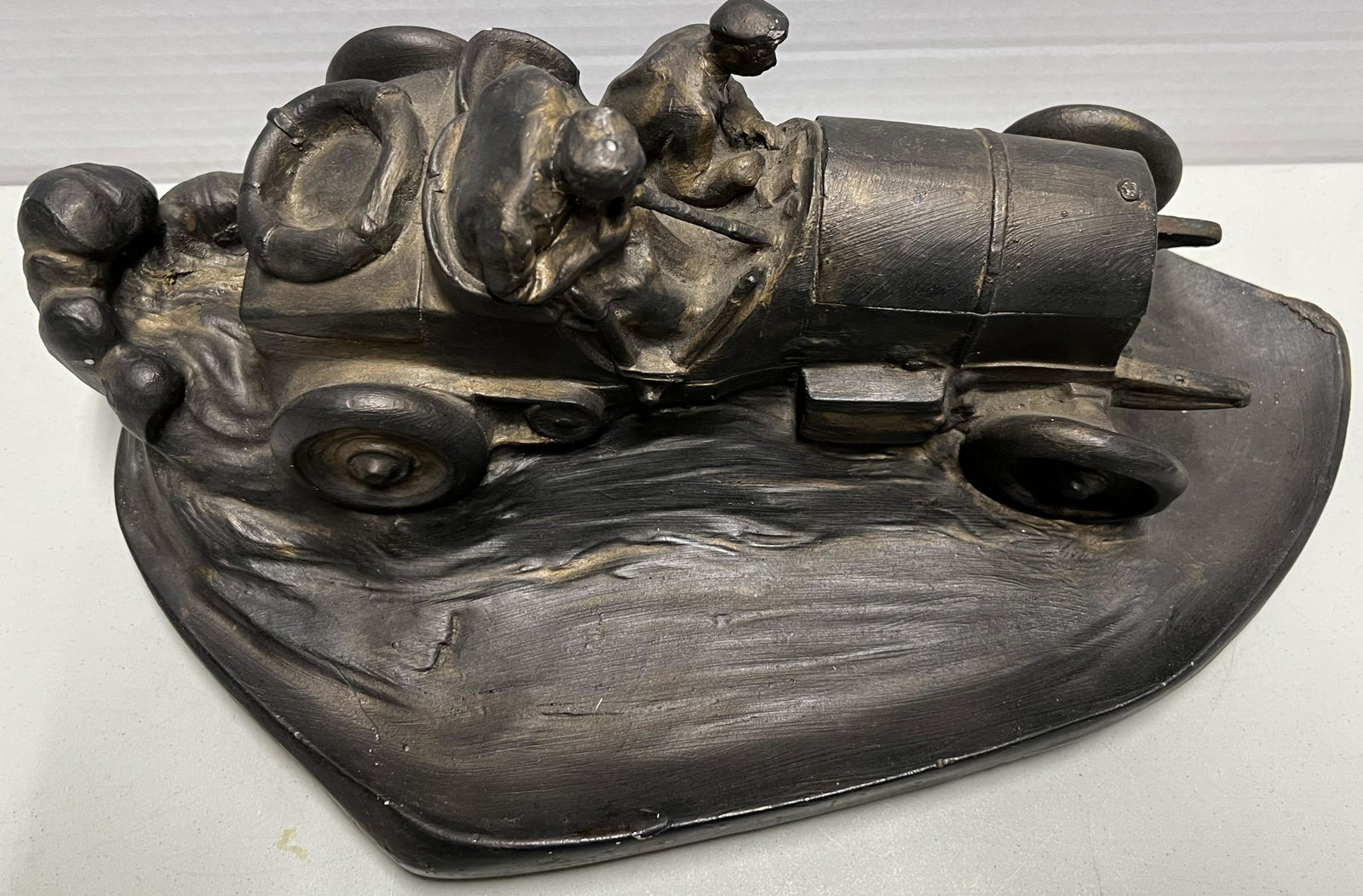 Early chain drive Vanderbilt Cup GP racer at speed desk caddy, stained plaster construction, 13 x 9 (1 of 2)