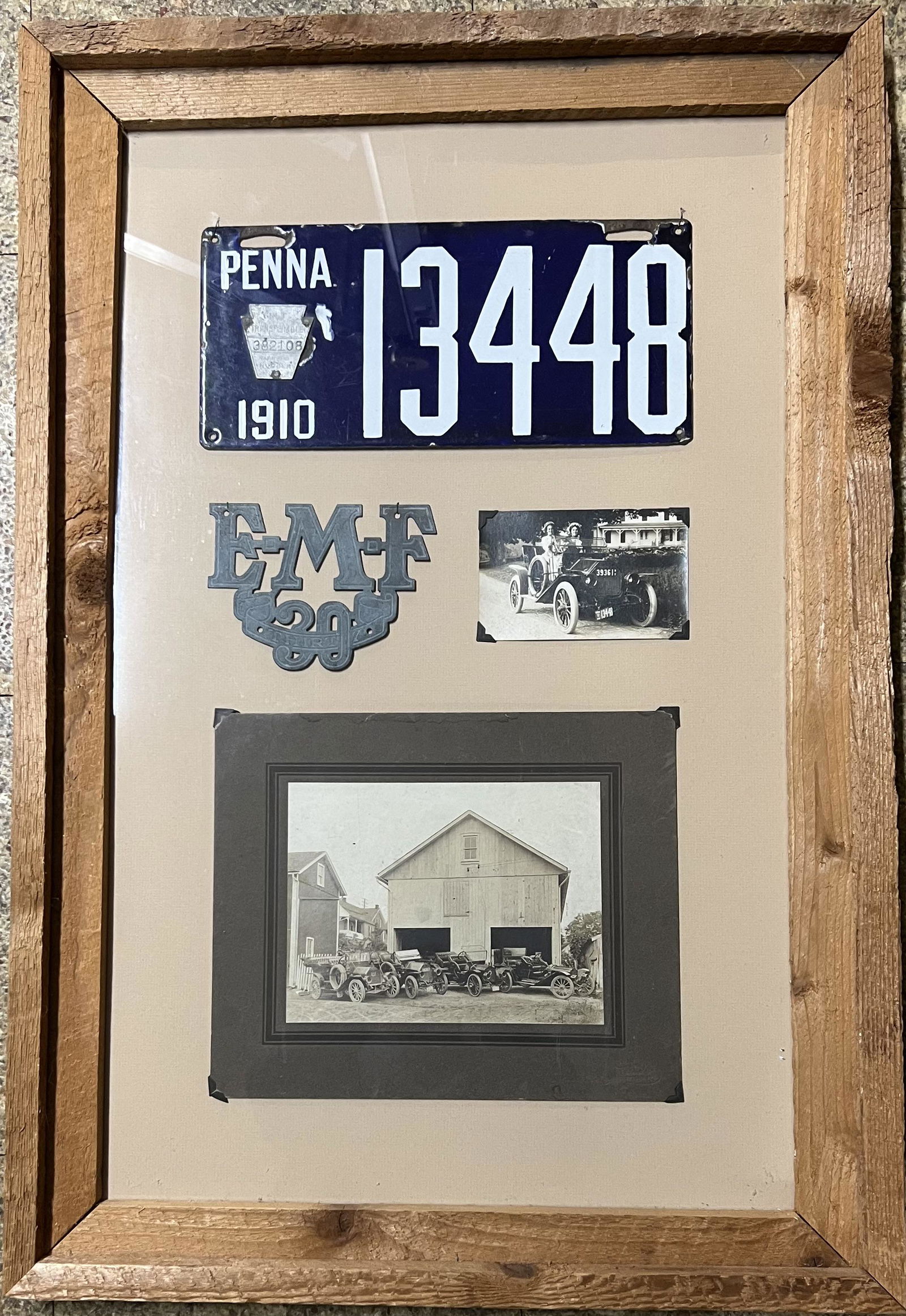 1910 PA license plate, period photo of plate on an EMF auto, EMF script and group photos of EMF (1 of 2)