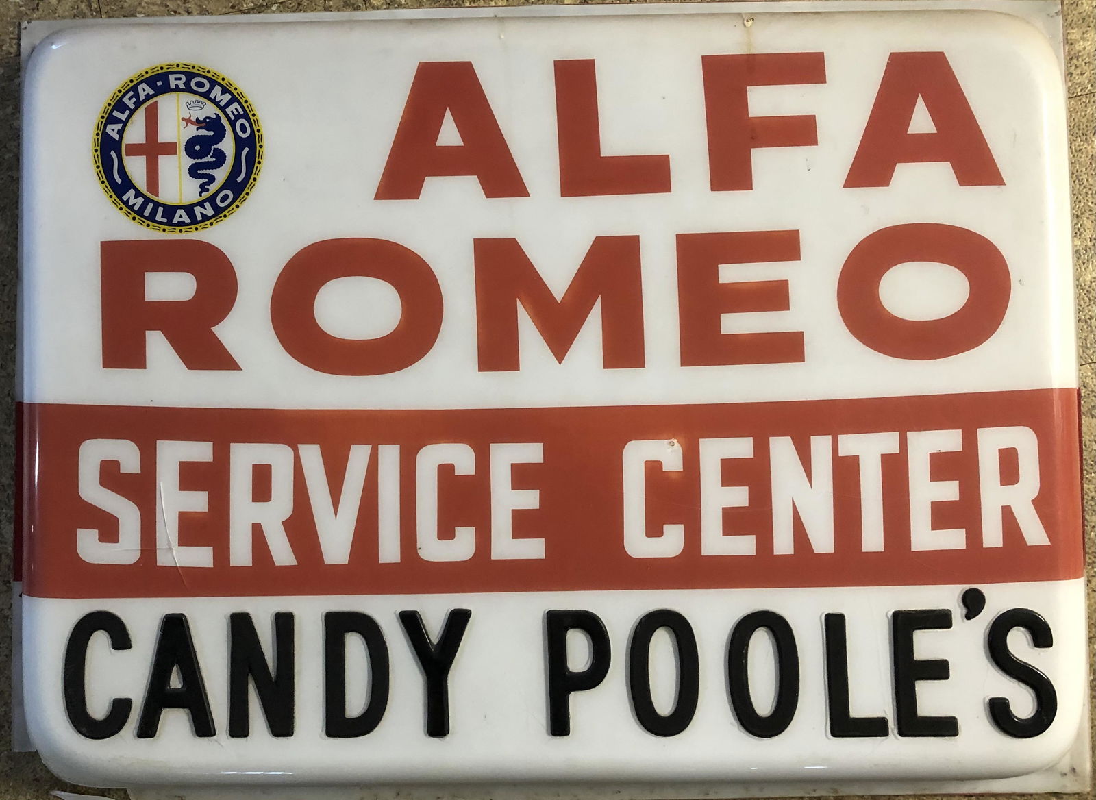 Alfa Romeo Service Center plastic sign from Candy Poole’s garage in Glastonbury CT, photo of sign on (1 of 3)