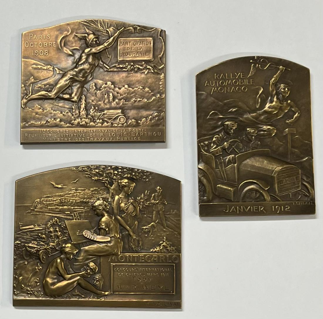 Three European bronze motoring event medals by sculpture T Szirman - 1908 Paris, 3 x 2.5, 1911 Monte (1 of 2)