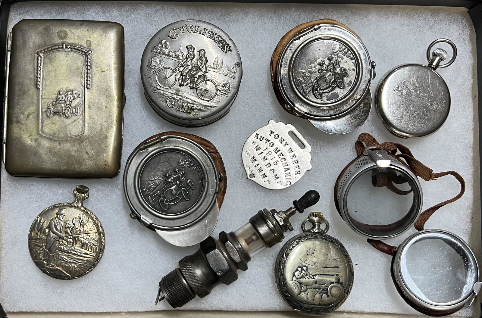 Early 1900's brass era collectibles - cigarette case, pocket watches, change purse, drinking cup, (1 of 3)