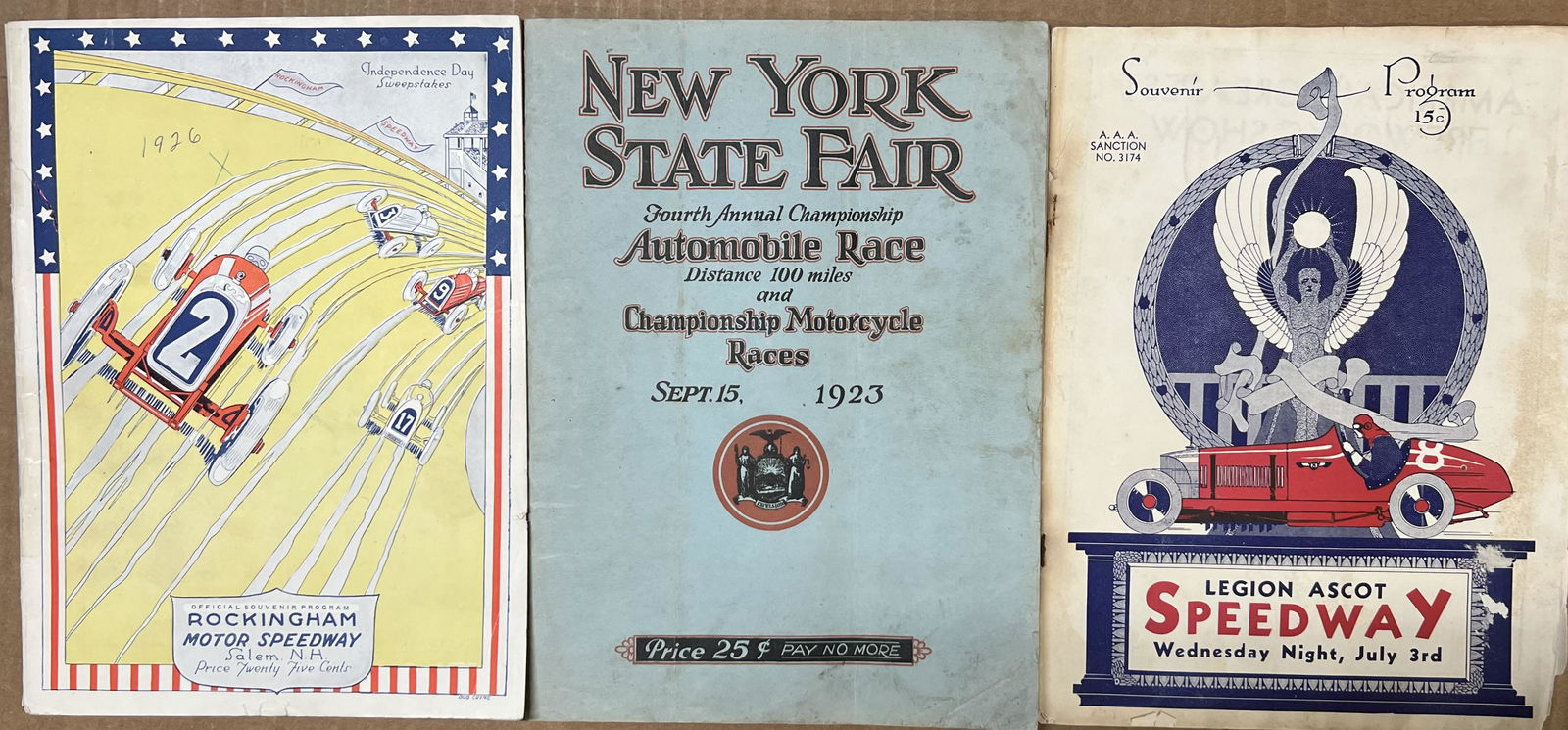 Three race programs - 1923 NY State Fair, 24 pages soiled, 1926 Rockingham, NH board track, VG (1 of 4)