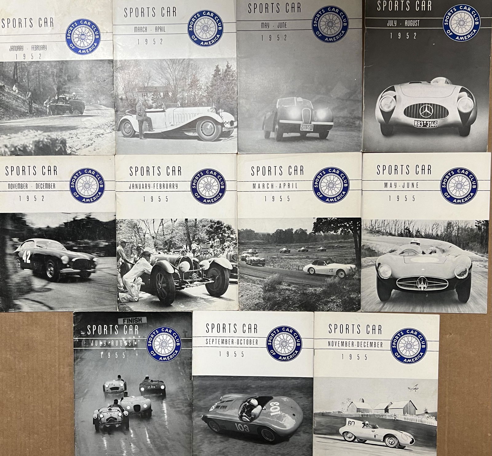 Sports Car magazines, published by SCCA - five 1952 issues, six issues for years 1955, 1956, 1957, (1 of 2)