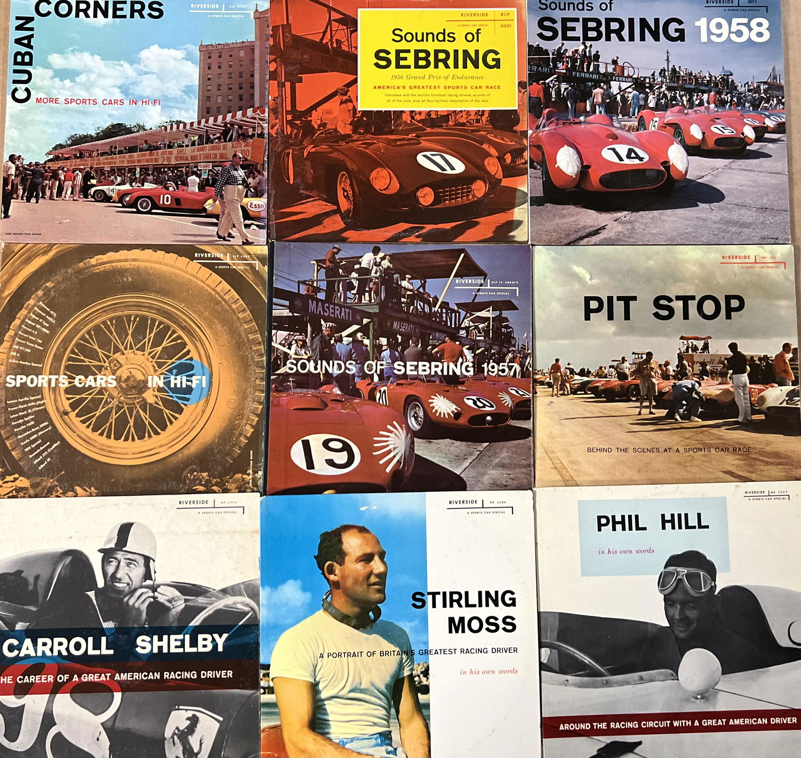CA sports car related items - nine long play records, graphic covers, Moss, Hill, Shelby “in their (1 of 2)
