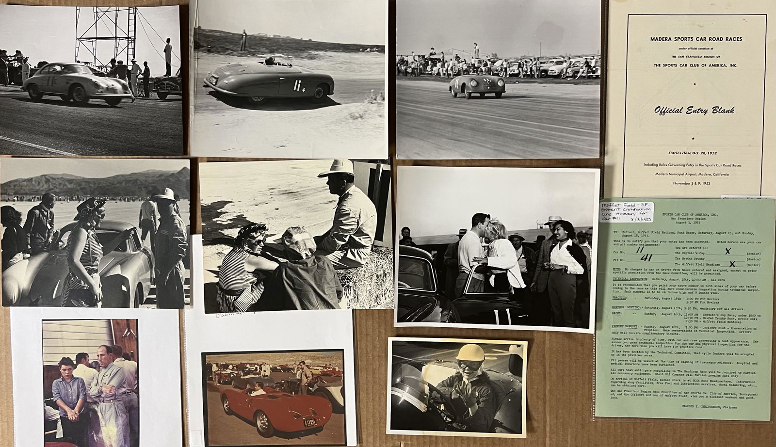 Nine various CA event photos from 1952-1954, 8 x 10 and 5 x 7, early Porsche 356 racing, three #11 (1 of 2)