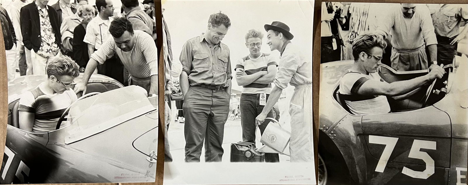 Jas Dean 8 x 10 photos in Porsche 550 Spyder, two stamped “Frank Worth, International News Photos,”: Jas Dean 8 x 10 photos in Porsche 550 Spyder, two stamped “Frank Worth, International News Photos,” third appears to be a later copy, Von Neumann sold Dean the 550 Porsche, VG condition, incl Car