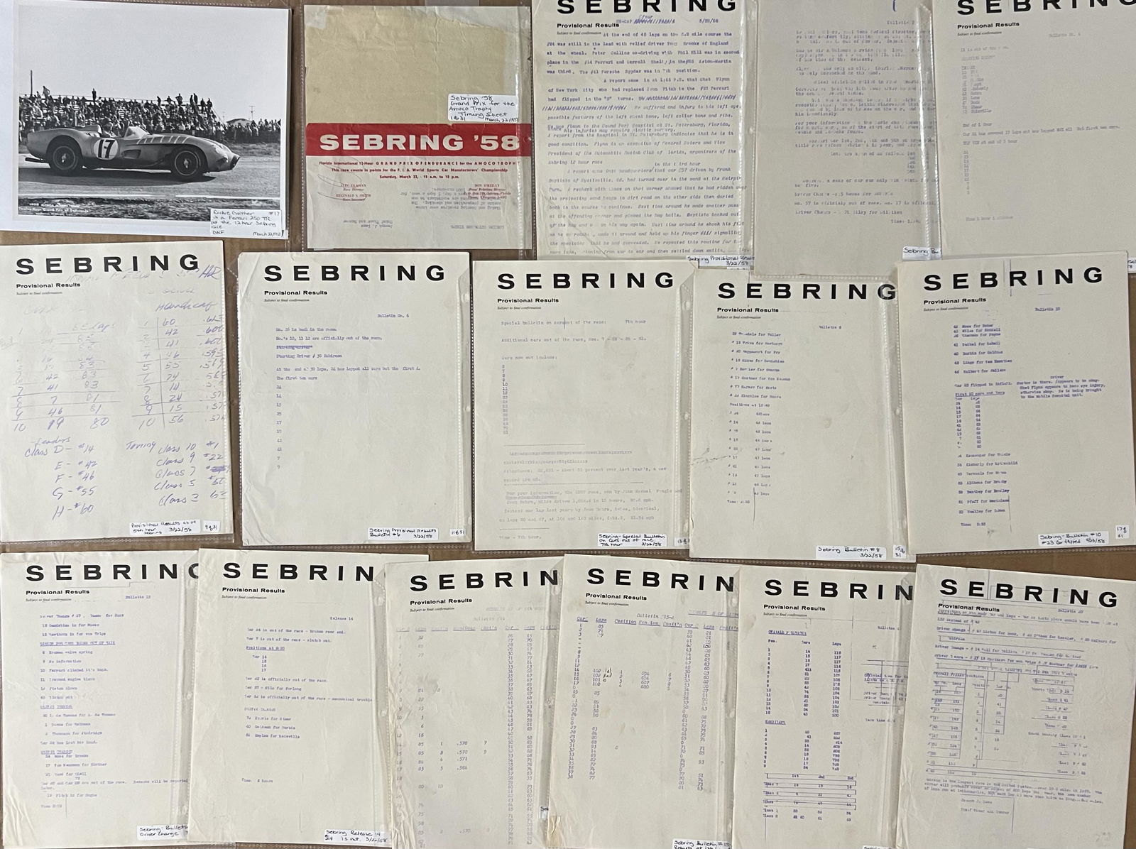 Sebring FL March 22, 1958 - thirty one pages of race results, notes on cars participating, driver (1 of 2)