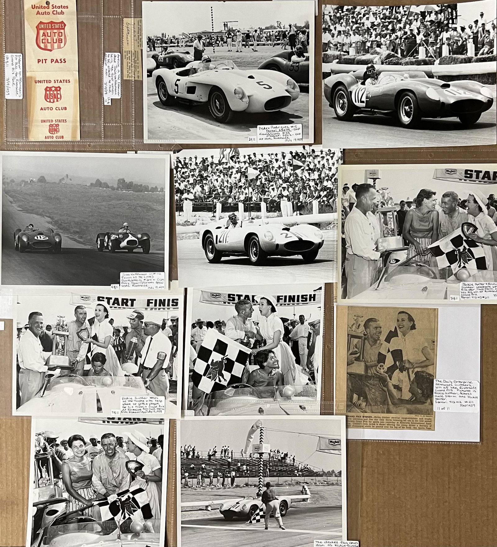 Riverside, 7/19/1959, ten 8 x 10 photos, photographers stamped, pit pass, news article, VG (1 of 2)