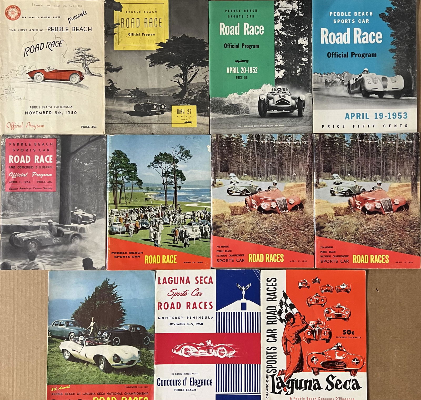 First ten Pebble Beach - Laguna Seca Race programs, eleven total , extra copy of the 1956 race, 1950 (1 of 3)