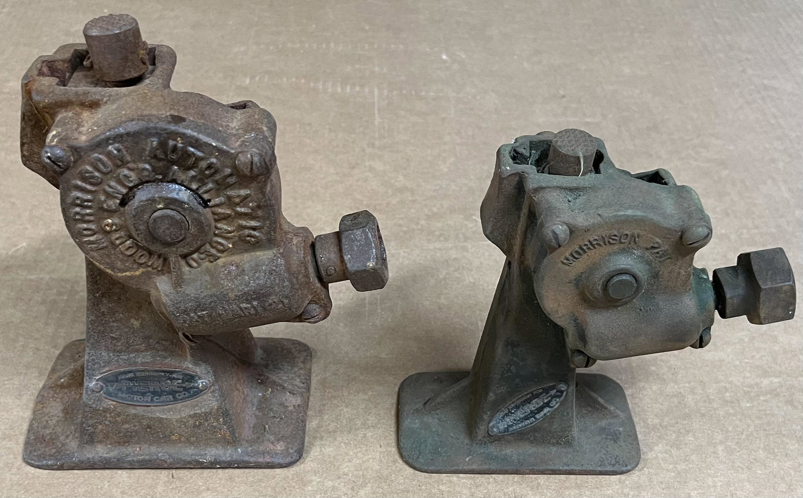 Two Pierce Arrow labeled jacks, both have brass “ Made Expressly For Pierce Motor Car Co” heavy cast: Two Pierce Arrow labeled jacks, both have brass “ Made Expressly For Pierce Motor Car Co” heavy cast construction, weathered rust finish, easily painted to go with any collectable Pierce Arrow.