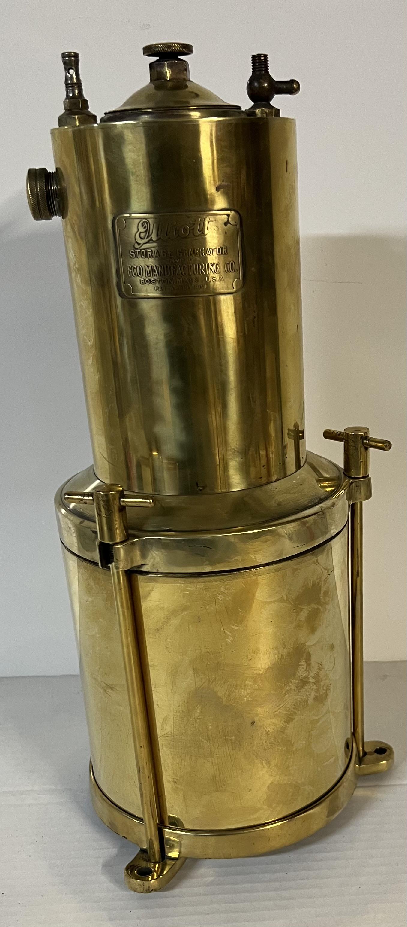 Brass Elliot Storage (carbide) gas generator, base mounted, 18 inches high, VG condition. (1 of 3)