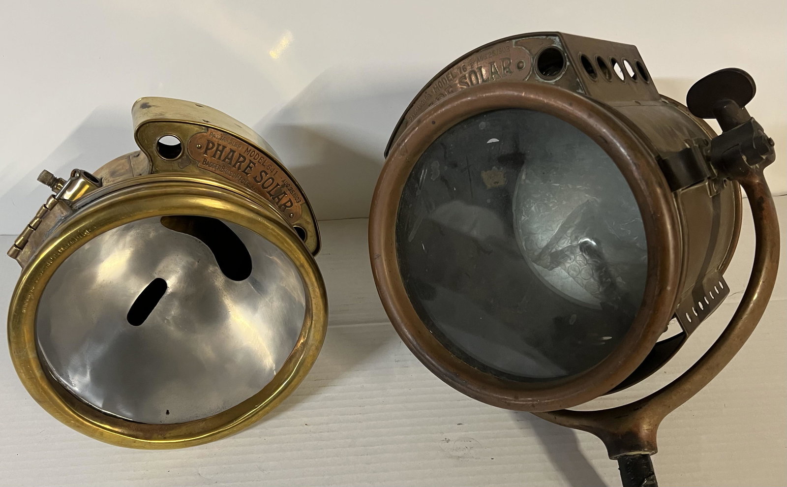 Two Phare Solar brass lights - Model 64 single, missing some internal parts, 8 inch bezel, Model 76F (1 of 4)