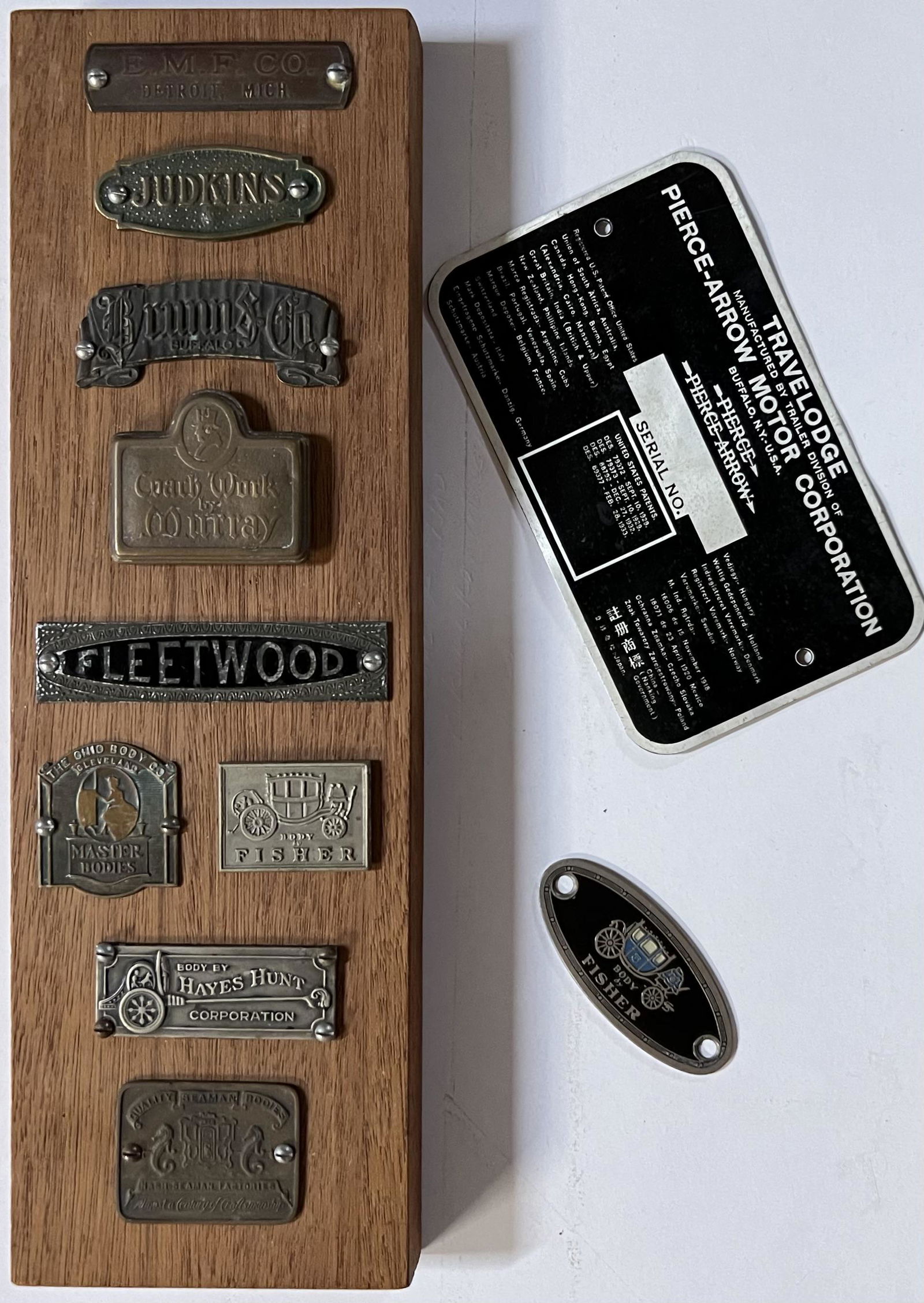 Auto body manufacturers tag and Pierce Travelodge ID plate, Judkins, Brunn, Hayes Hunt, Murray, (1 of 3)