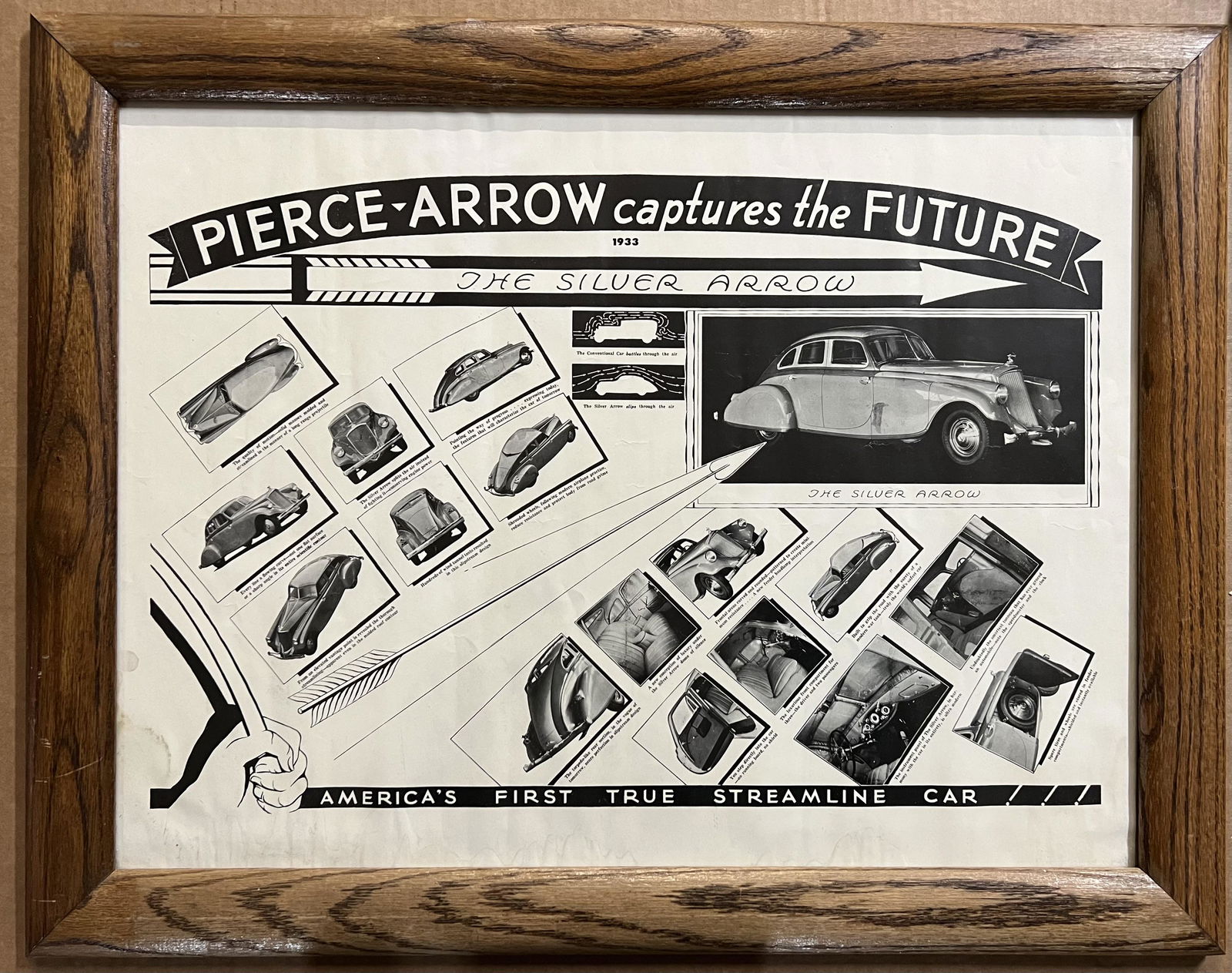 Framed poster of the 1933 V 12 Pierce Silver Arrow, 27.5 x 21, shows the Arrow and other details of (1 of 3)