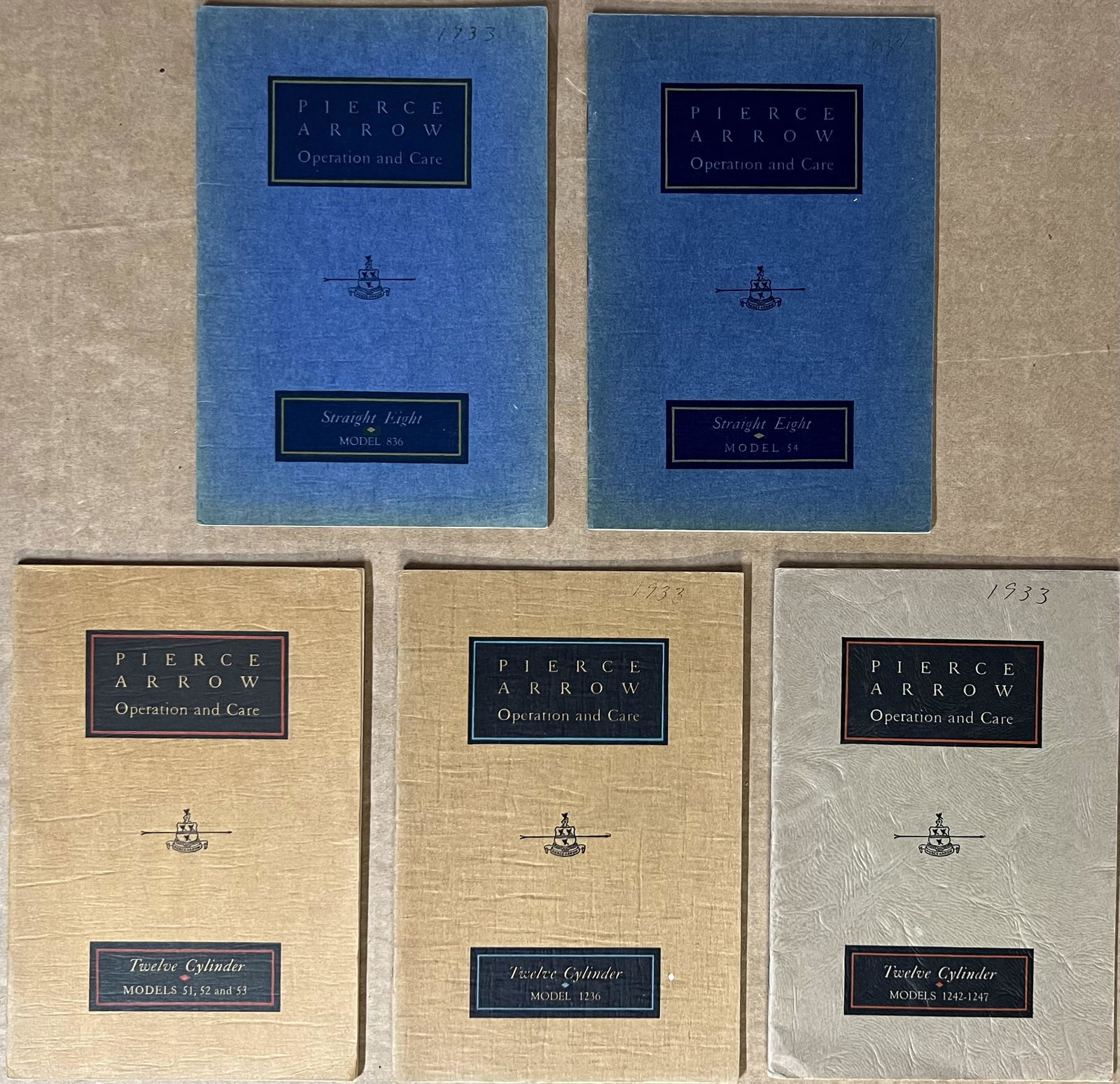 Five Pierce Arrow Operation and Care manuals - 1932 Model 54 and 1933 Model 836 eight cylinder cars (1 of 1)