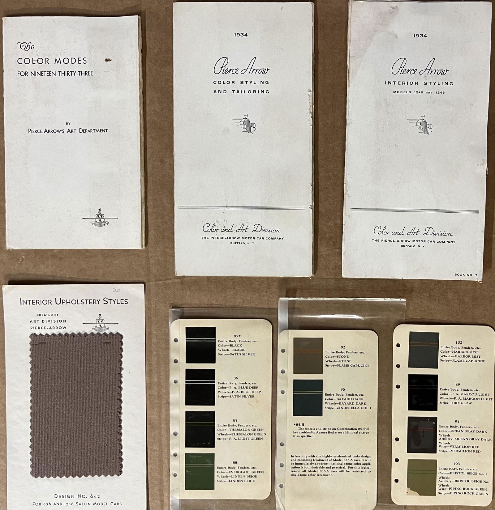 Pierce Arrow color and upholstery sample brochures - 1933 color, 5 x 8.5, opens to 8.5 x 25, 1934 (1 of 2)