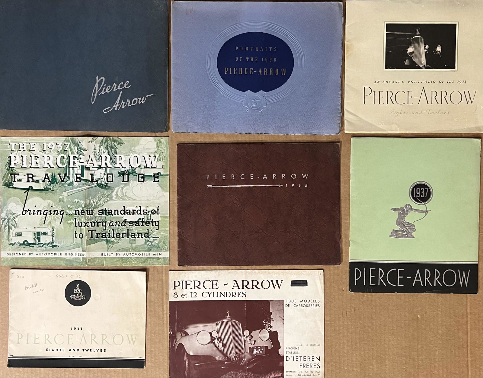 Eight large size Pierce Arrow brochures from 1933 - 1937 including Pierce Arrow Travelodge folder (1 of 2)