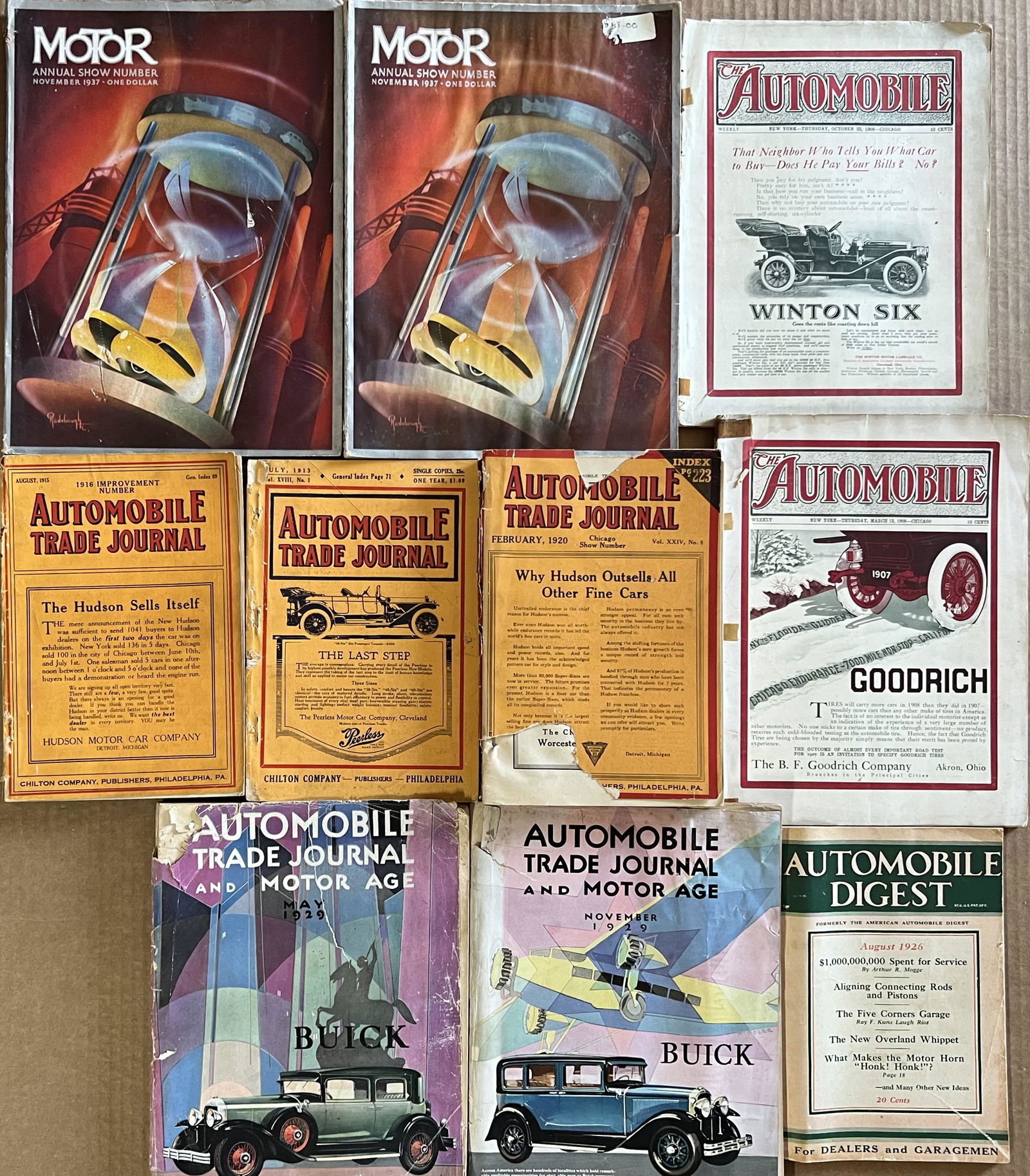 Ten early motor magazines - two Motors 1938 Annual Show issues, two 1908 Automobile, 1913, 1915, (1 of 1)