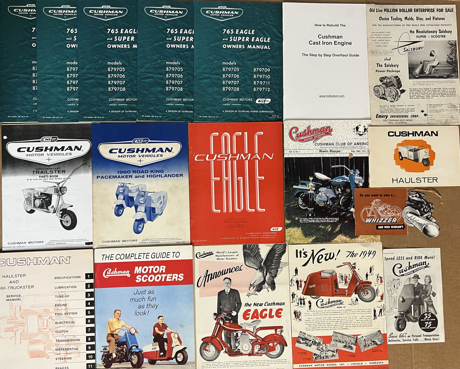 Cushman Motor scooter related items, owners and repair manuals, sales brochures, etc, all in VG (1 of 2)