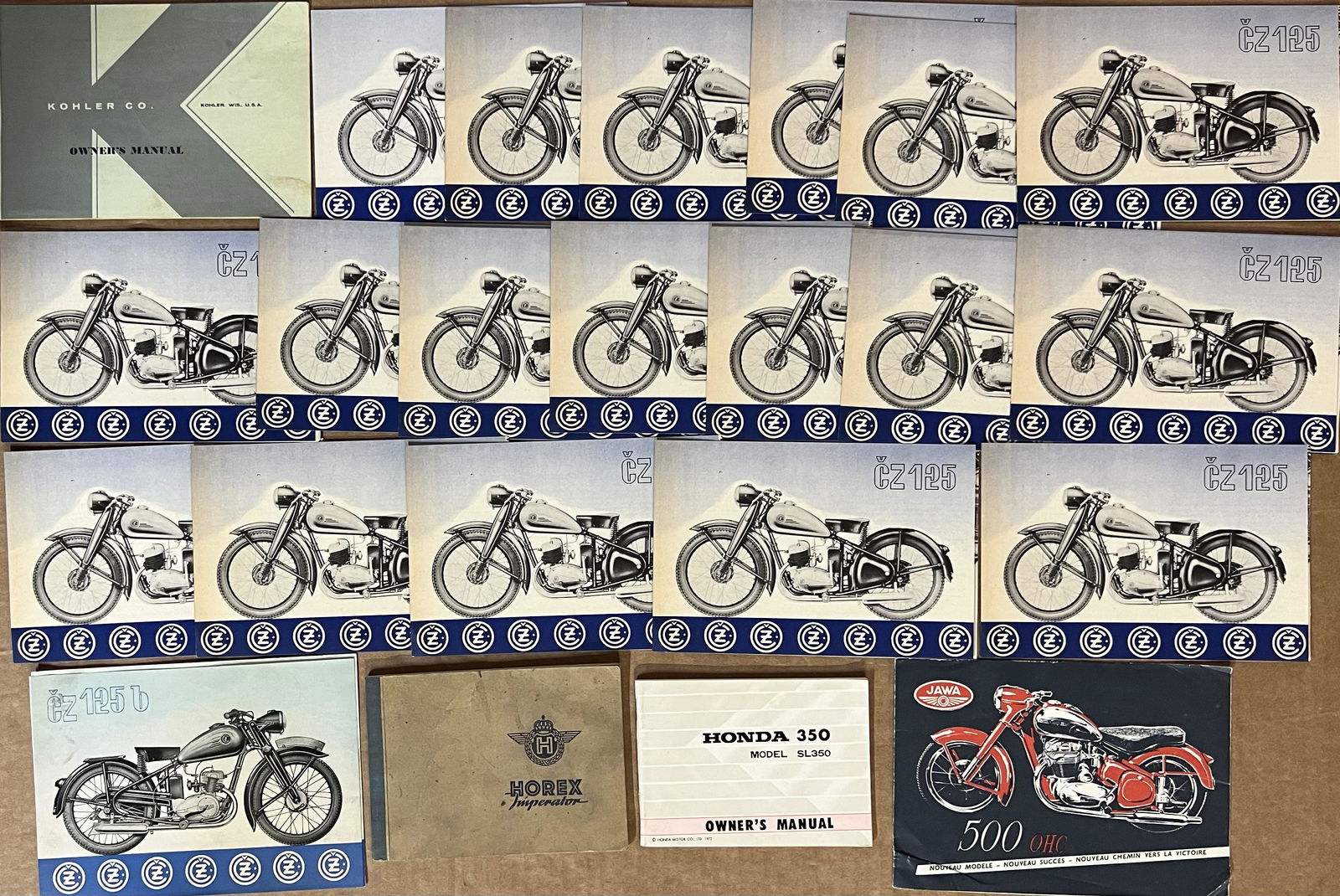 Import motorcycles brochures from 1940’s - 1970’s - 18 CZ 125 folders, one CZ 125b, one Jawa 500cc, (1 of 3)