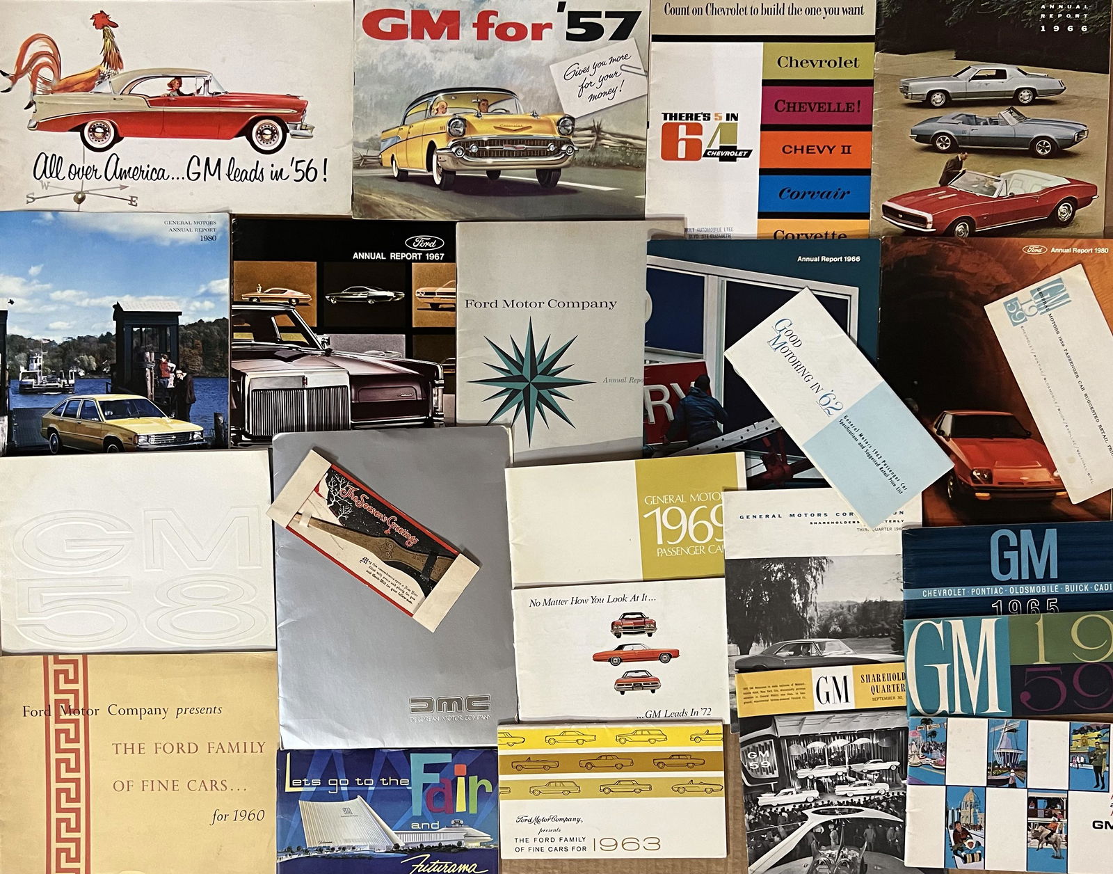 Misc lot - twenty 1950’s - 1970’s GM Ford yearly full line brochures and annual reports, 1981 (1 of 4)