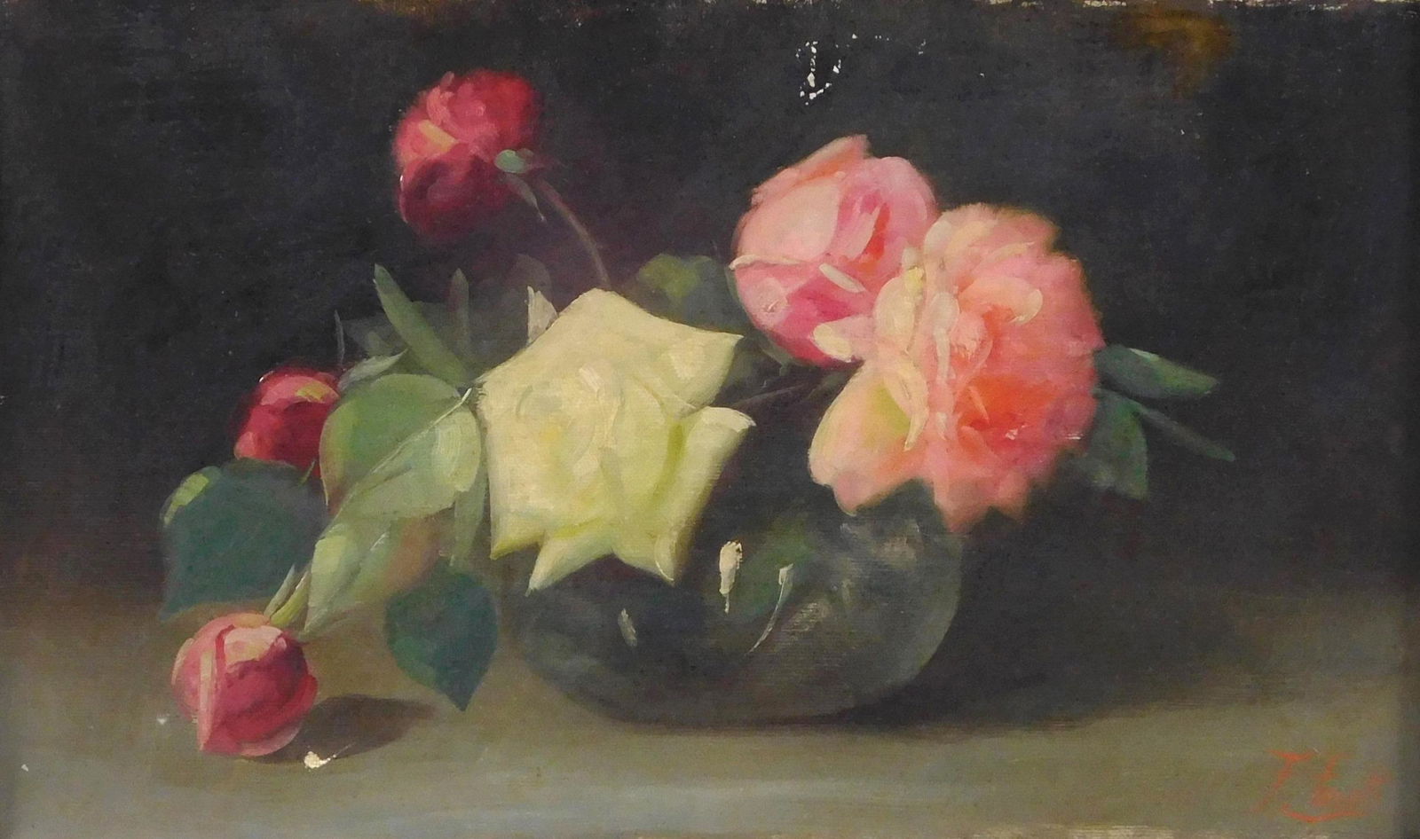 Frederick M. Fenetty (American, 1854 - 1915) oil on canvas, still life of pink and white roses in a (1 of 5)
