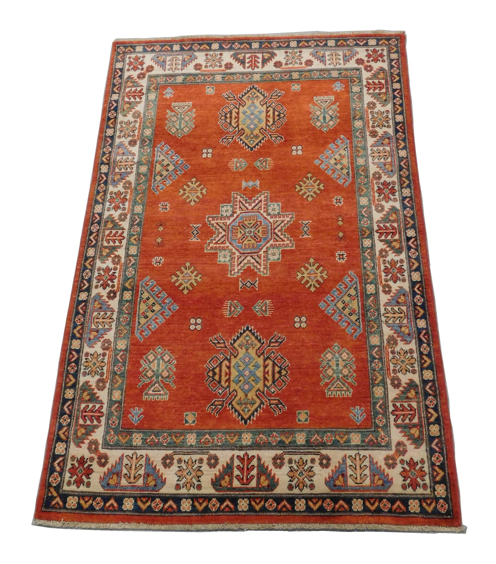 RUG: Uzbek Kazak, 4' x 6' 4", wool on wool, red field, cream major border with ocean blue guard (1 of 4)