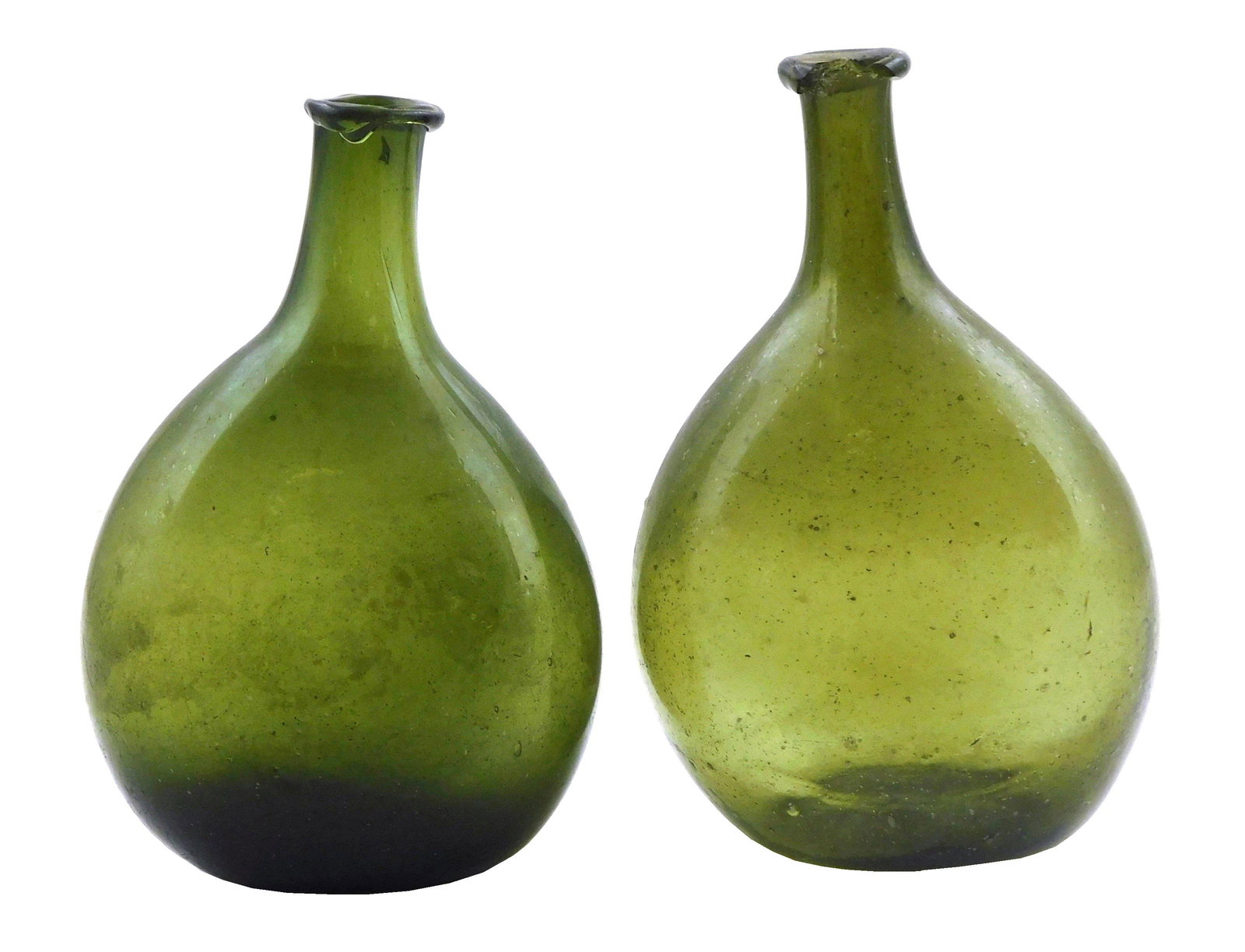 GLASS: Two early chestnut flask bottles, probably New England, hand blown, both olive green, one (1 of 3)