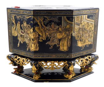 ASIAN: Carved, gilt, and lacquered altar offering box, Chinese, 19th C., hexagonal black lacquer box (1 of 9)