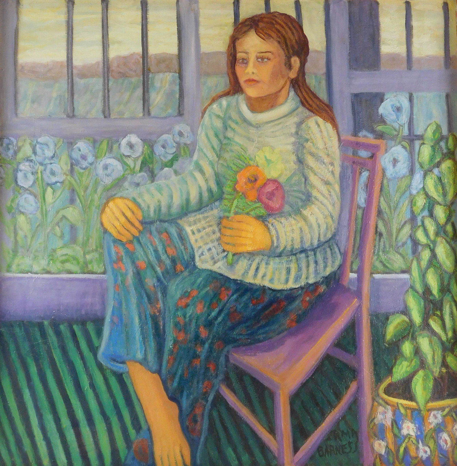 Irma Barness (American, 20th C.), oil on panel, a long-haired woman sits on a purple chair, she (1 of 3)