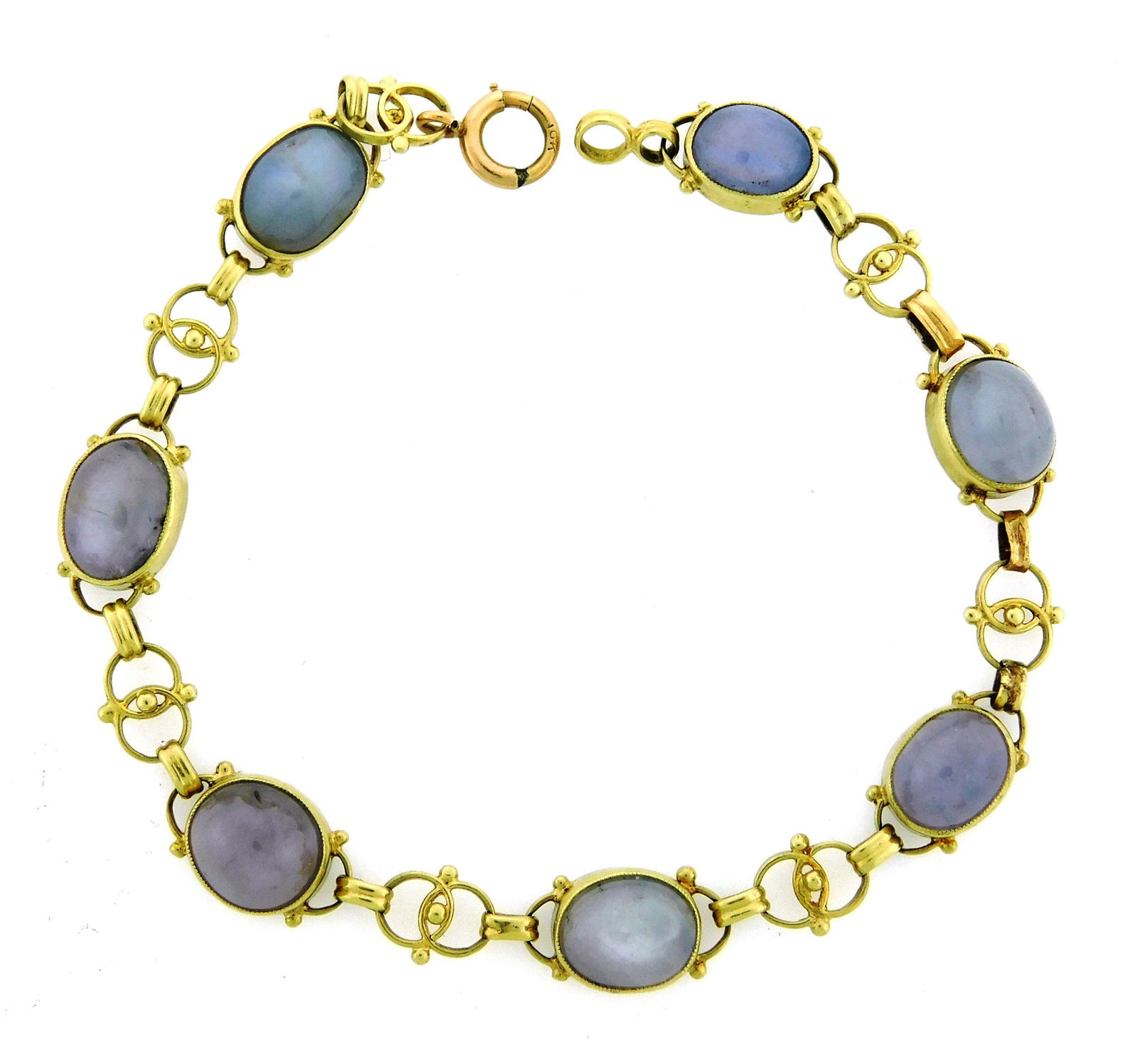 JEWELRY: 14K Gray Star Sapphire Bracelet, oval bezel settings connected by interlinked loops, tested (1 of 6)