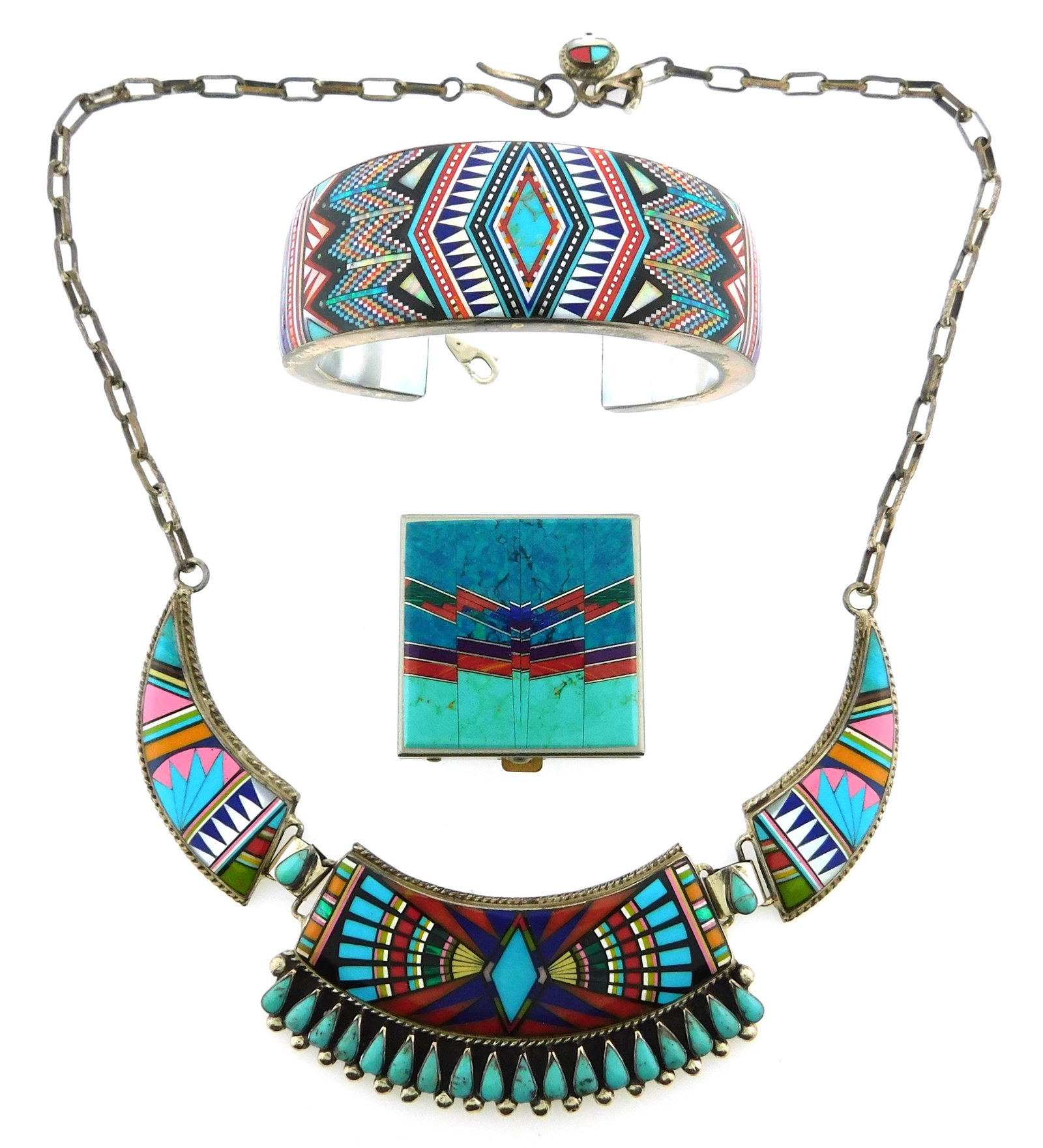 JEWELRY: Three Zuni style inlay pieces, a sterling necklace and cuff bracelet, along with a base (1 of 8)